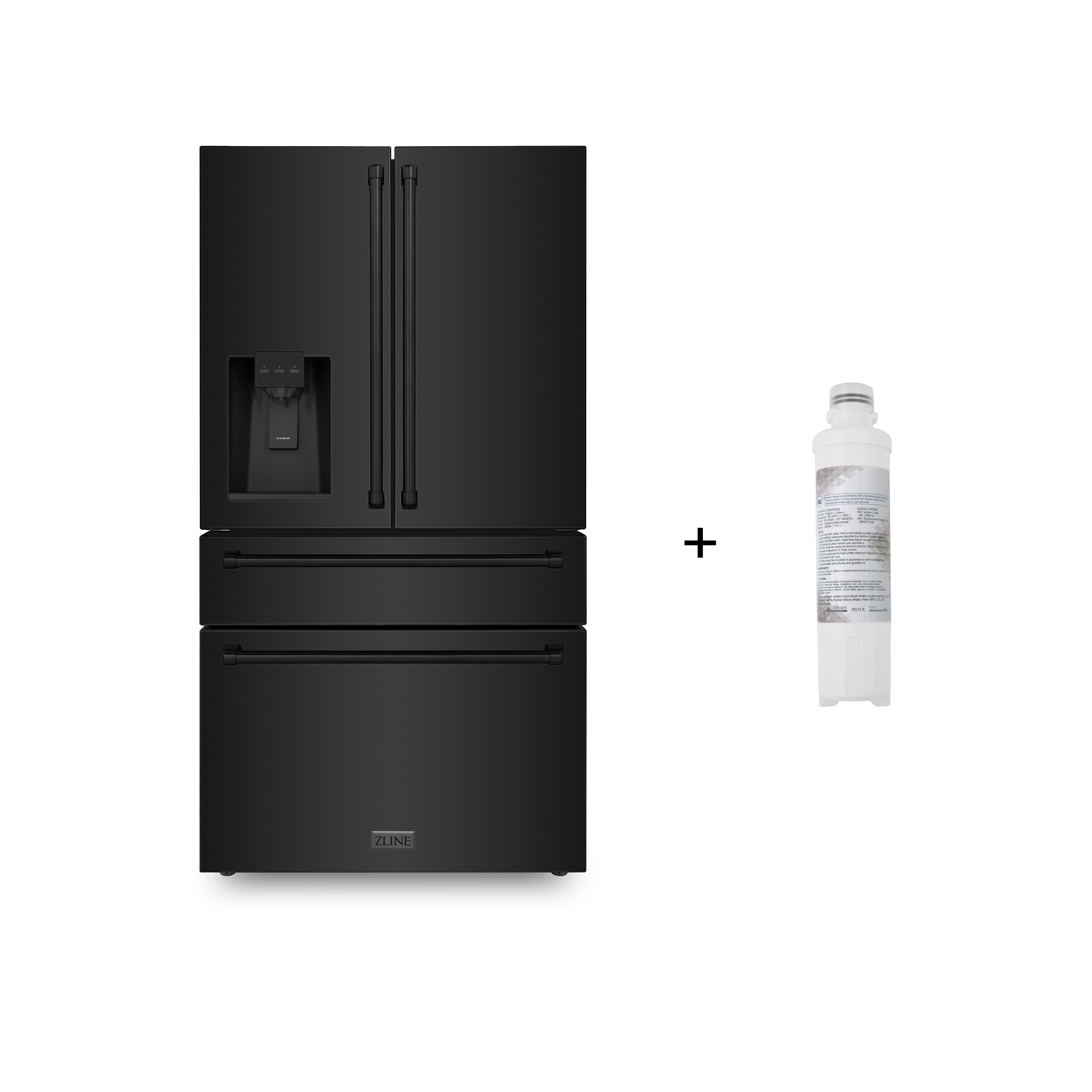 ZLINE 36 in. 21.6 cu. ft. Counter-Depth French Door Refrigerator with Water and Ice Dispenser with Extra Water Filter in Fingerprint-Resistant Black Stainless Steel (RFM-W-WF-36-BS)