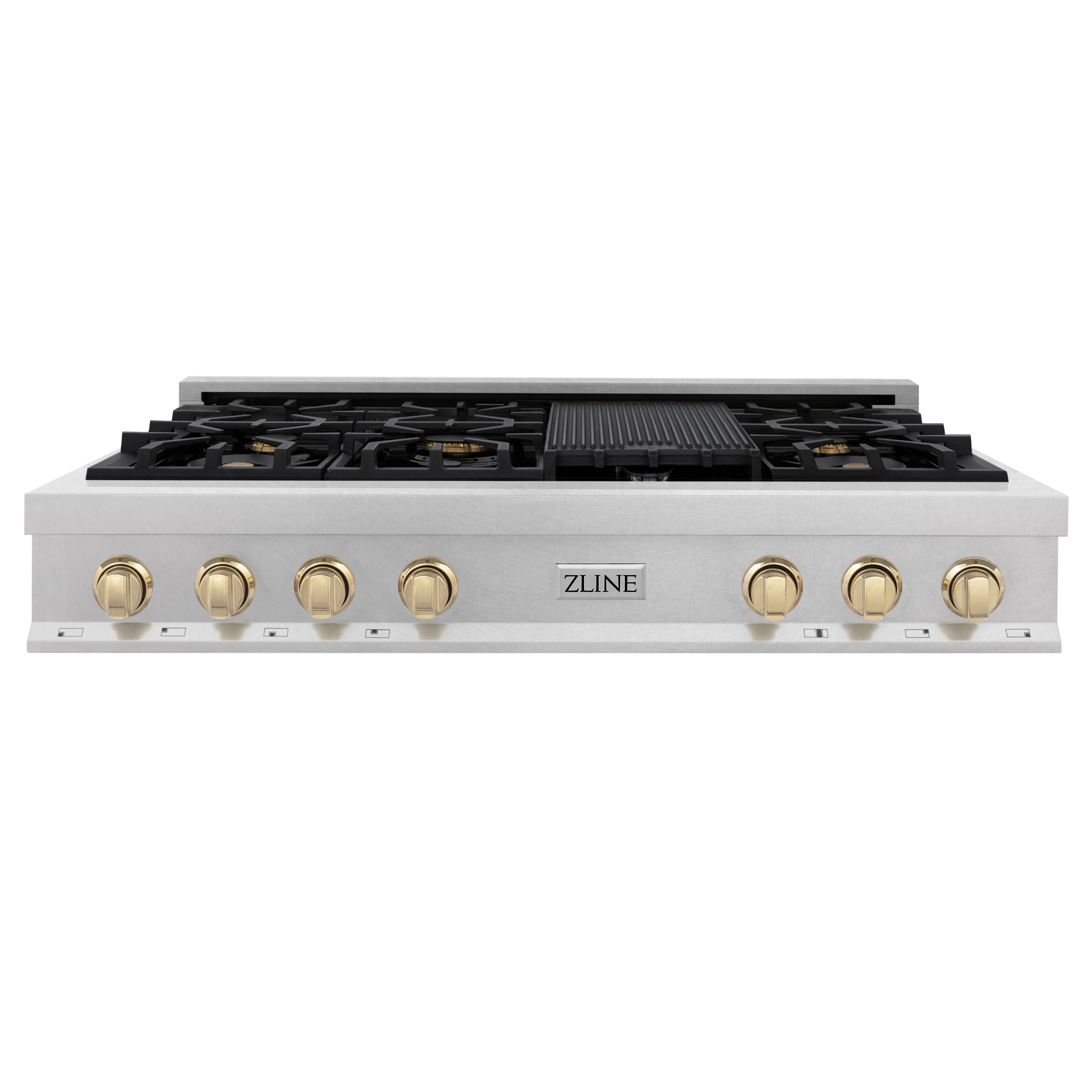 ZLINE Autograph Edition 48" Porcelain Rangetop with 7 Gas Burners in Fingerprint Resistant Stainless Steel and Polished Gold Accents (RTSZ-48-G)