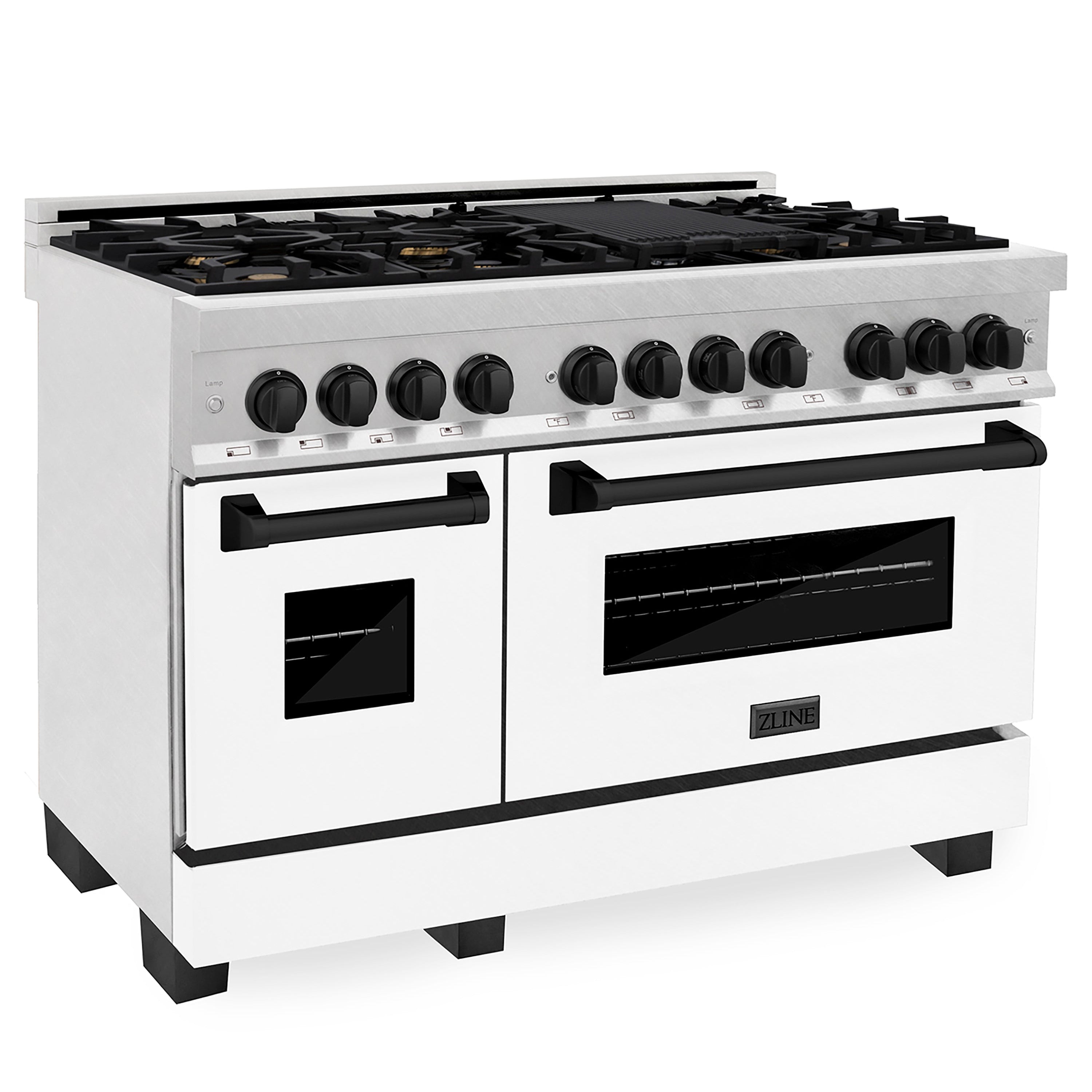 ZLINE Autograph Edition 48 in. 6.0 cu. ft. Legacy Dual Fuel Range with 7 Burner Gas Cooktop and 2 Electric Ovens in Satin Stainless Steel with White Matte Doors and Matte Black Accents (RASZ-WM-48-MB)