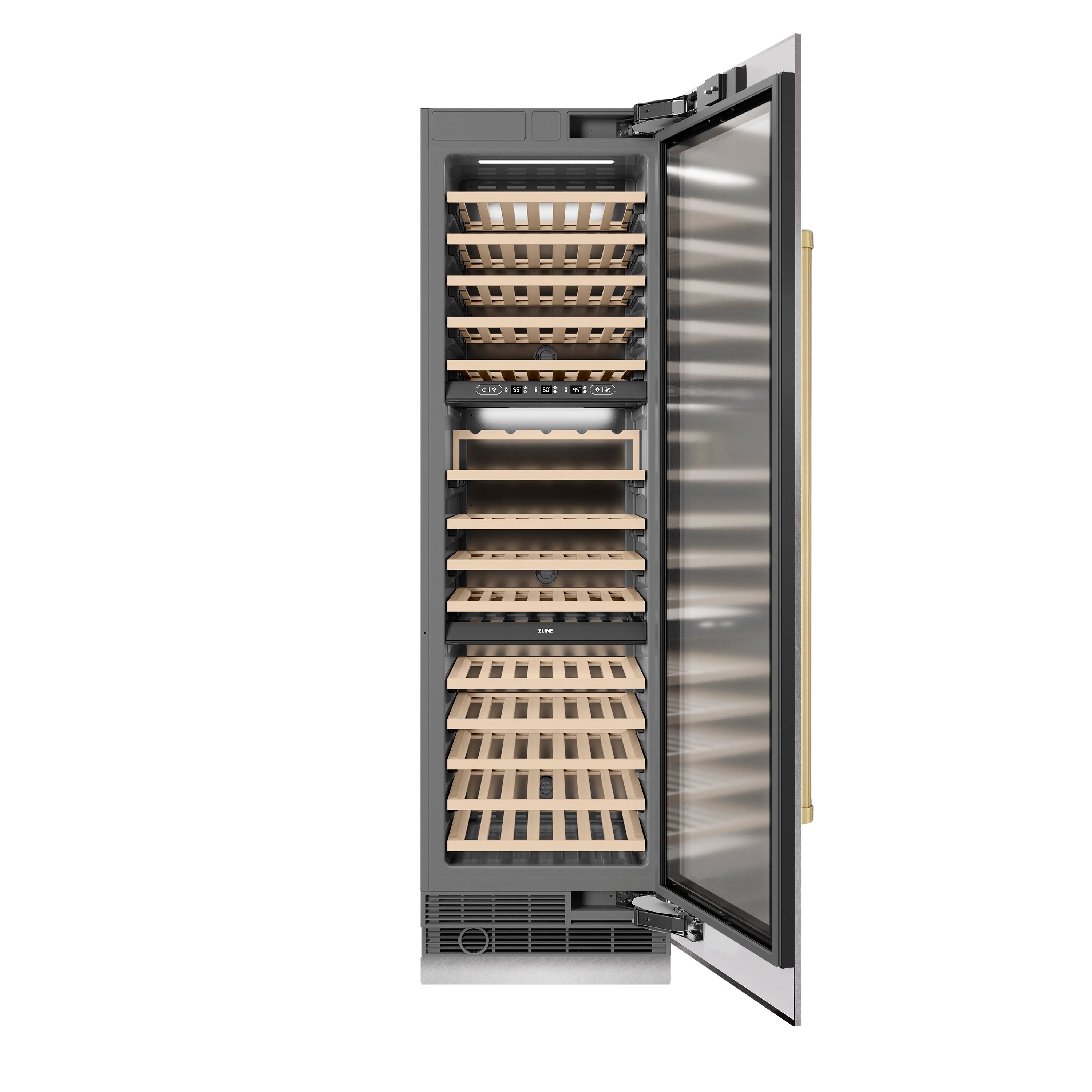 ZLINE Autograph Edition 24 in. 12.4 cu. ft. Triple Zone 100 Bottle Column Wine Cooler in DuraSnow® Stainless Steel and Champagne Bronze Accents (RCWVZ-SN-24-CB)