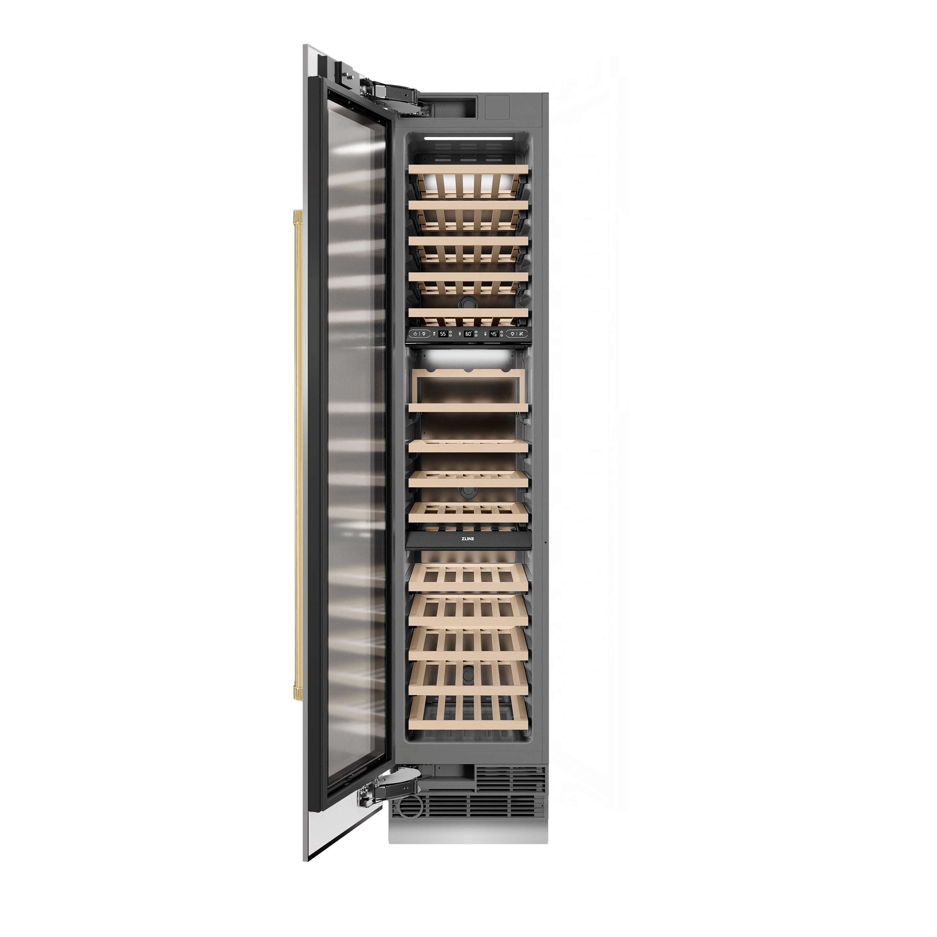 ZLINE Autograph Edition 18 in. 9.0 cu. ft. Triple Zone 68 Bottle Left Hinge Column Wine Cooler in Stainless Steel with Polished Gold Accents (RCWVLZ-30418-G)