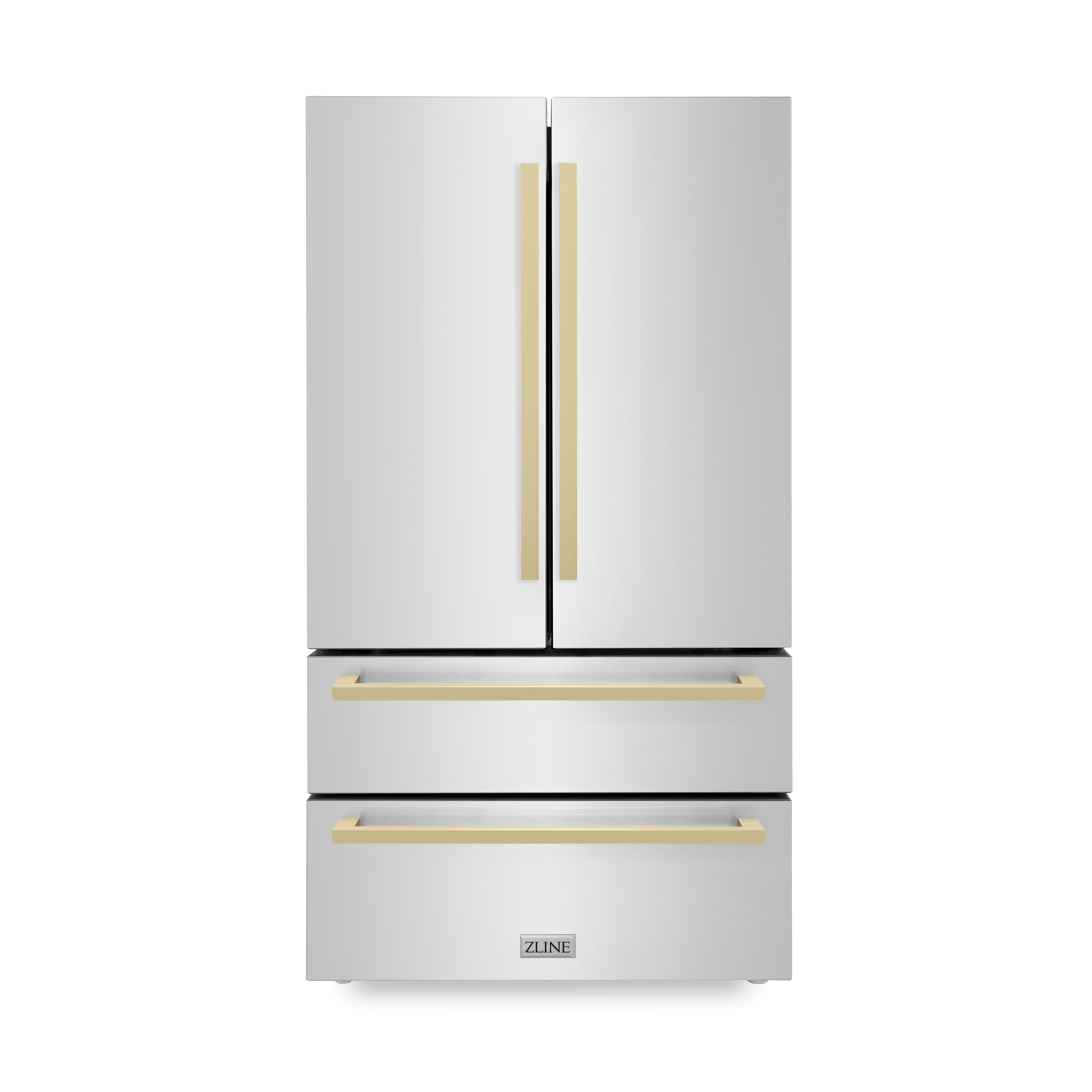 ZLINE Autograph Edition 36 in. 22.5 cu. ft. Counter-Depth French Door Refrigerator with Ice Maker in Fingerprint-Resistant Stainless Steel with Champagne Bronze Modern Handles (RFMZ-36-FCB)