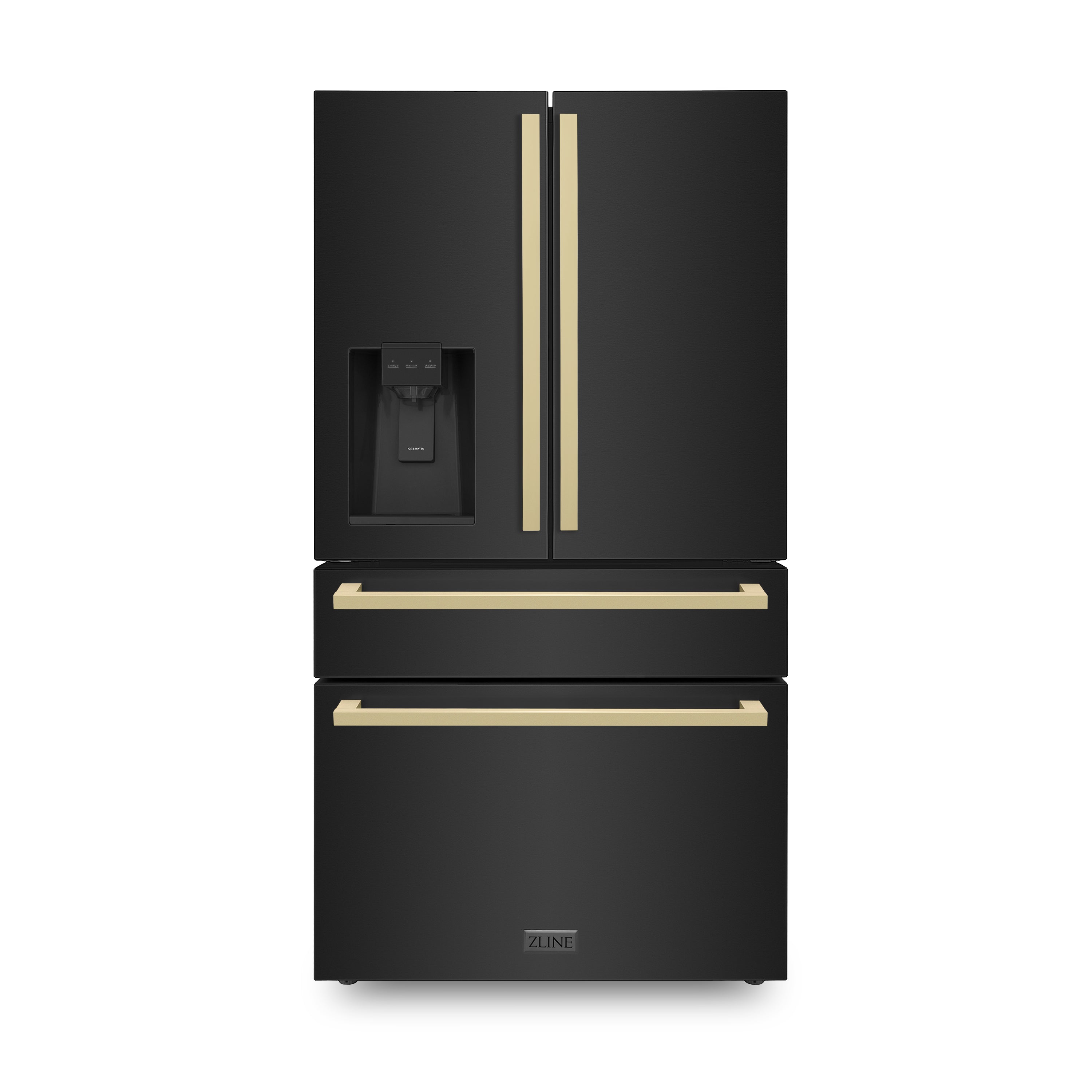 ZLINE Autograph Edition 36 in. 21.6 cu. ft. Counter-Depth French Door Refrigerator with Water and Ice Dispenser in Fingerprint-Resistant Black Stainless Steel with Champagne Bronze Modern Handles (RFMZ-W36-BS-FCB)