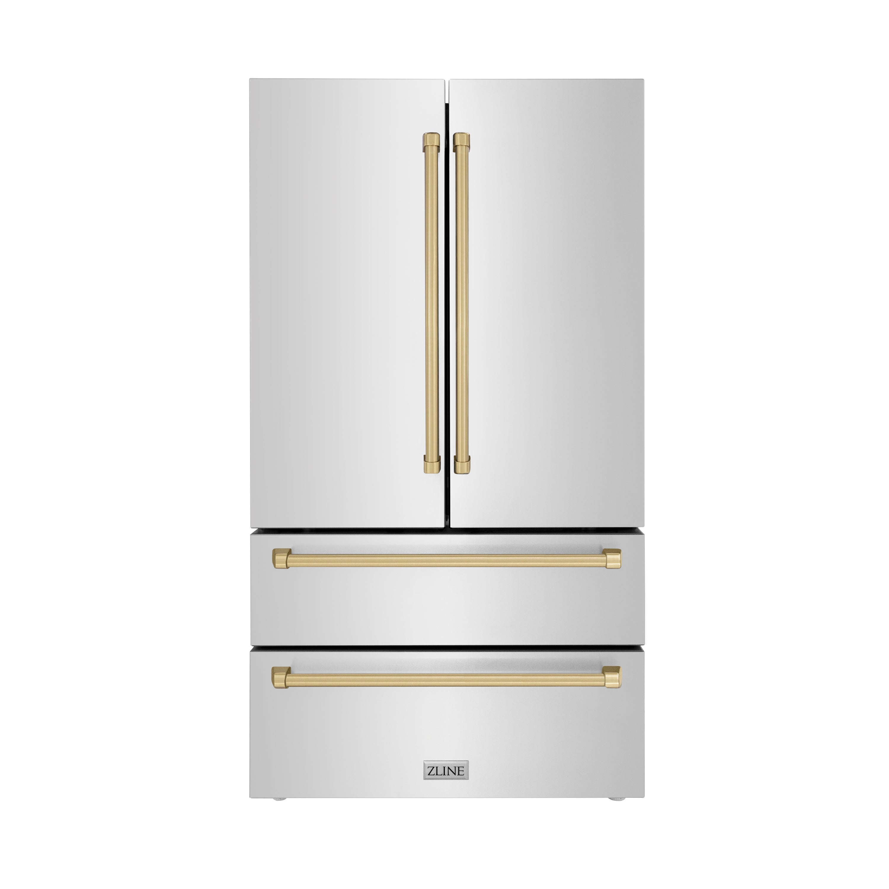 ZLINE Autograph Edition 36 in. 22.5 cu. ft. Counter-Depth French Door Refrigerator with Ice Maker in Fingerprint-Resistant Stainless Steel with Champagne Bronze Traditional Handles (RFMZ-36-CB)