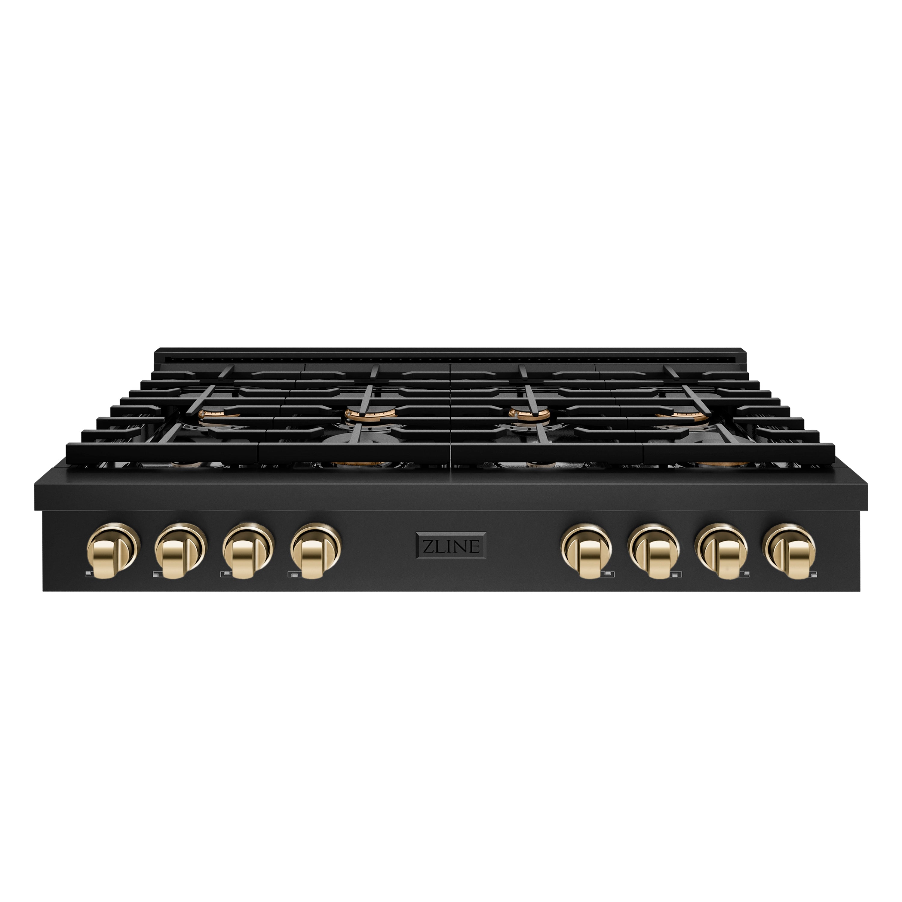 ZLINE 48 in. Autograph Edition Paramount Gas Rangetop with 8 Burners and Porcelain Cooktop in Black Stainless Steel with Polished Gold Accents (SRTBZ-48-G)