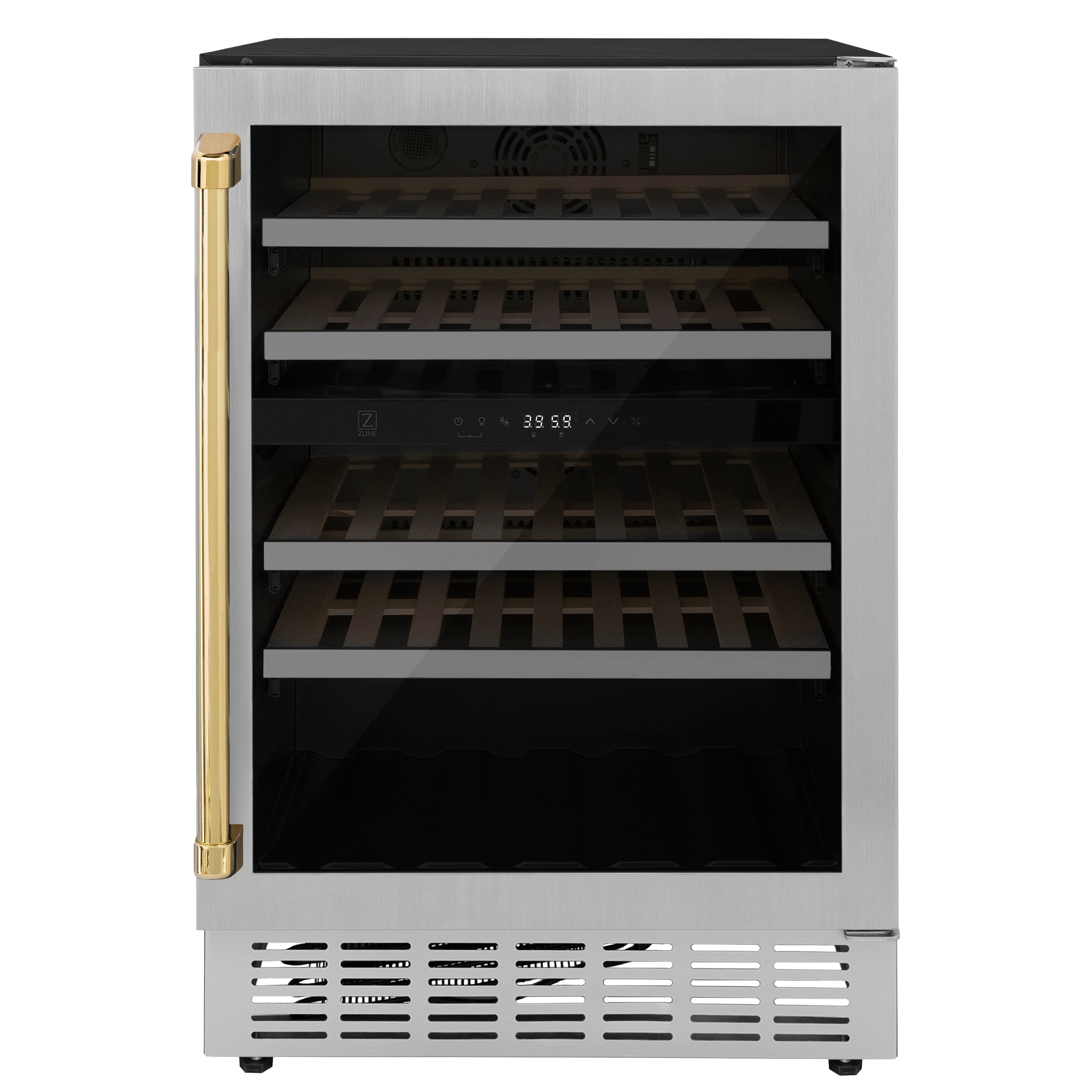 ZLINE 24" Autograph Edition Dual Zone 44-Bottle Wine Cooler in Stainless Steel with Wood Shelf and Polished Gold Accents (RWVZ-UD-24-G)