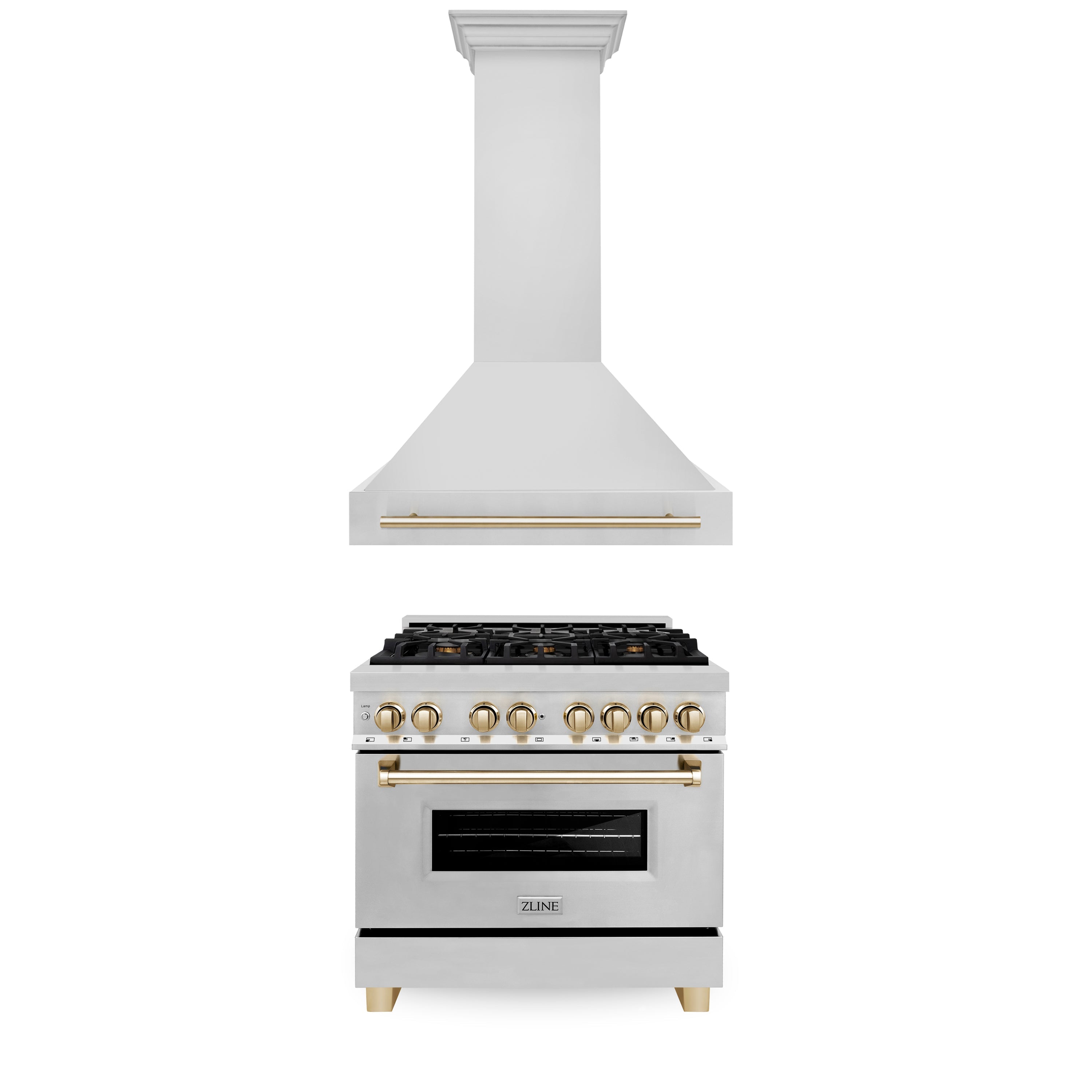 ZLINE 36" Autograph Edition Kitchen Package with Stainless Steel Dual Fuel Range and Range Hood with Polished Gold  Accents (2AKP-RARH36-G)
