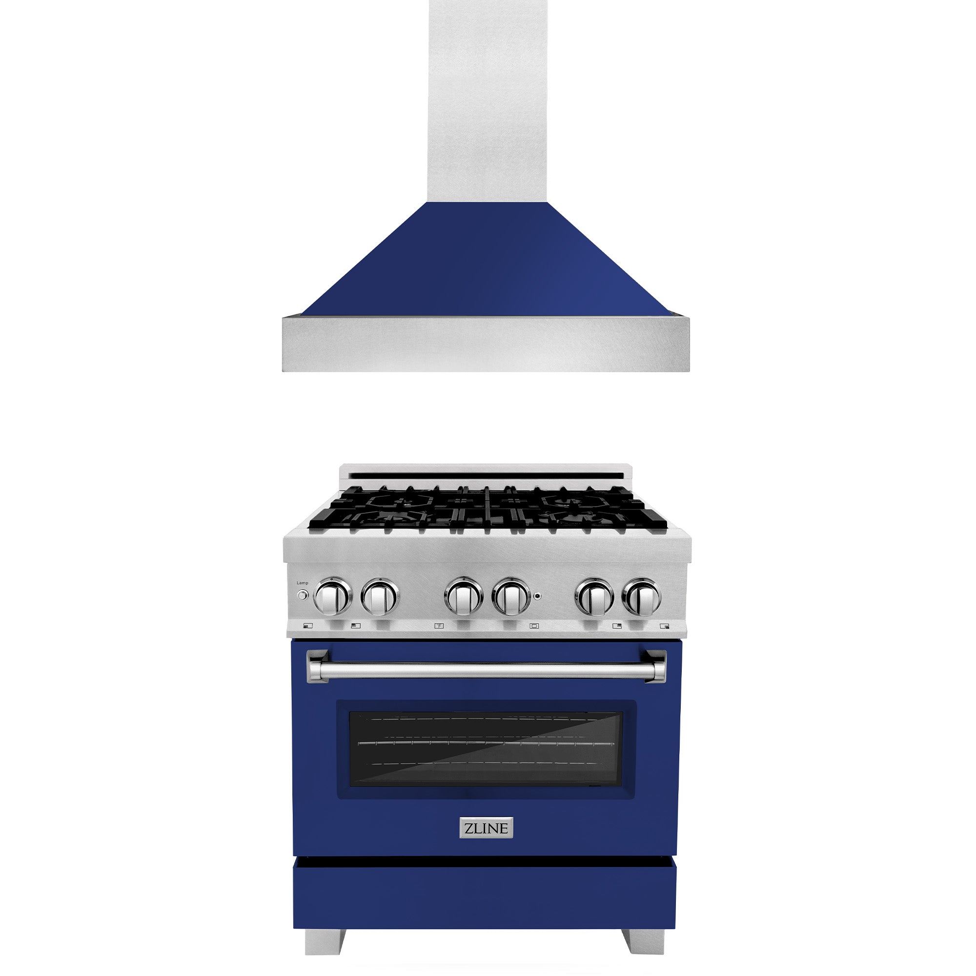 ZLINE 30 in. Kitchen Package with Satin Stainless Steel Dual Fuel Range with Blue Gloss Door and Convertible Vent Range Hood