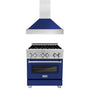 ZLINE 30 in. Kitchen Package with Satin Stainless Steel Dual Fuel Range with Blue Gloss Door and Convertible Vent Range Hood