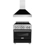 ZLINE 30 in. Kitchen Package with Satin Stainless Steel Dual Fuel Range with Black Matte Door and Convertible Vent Range Hood