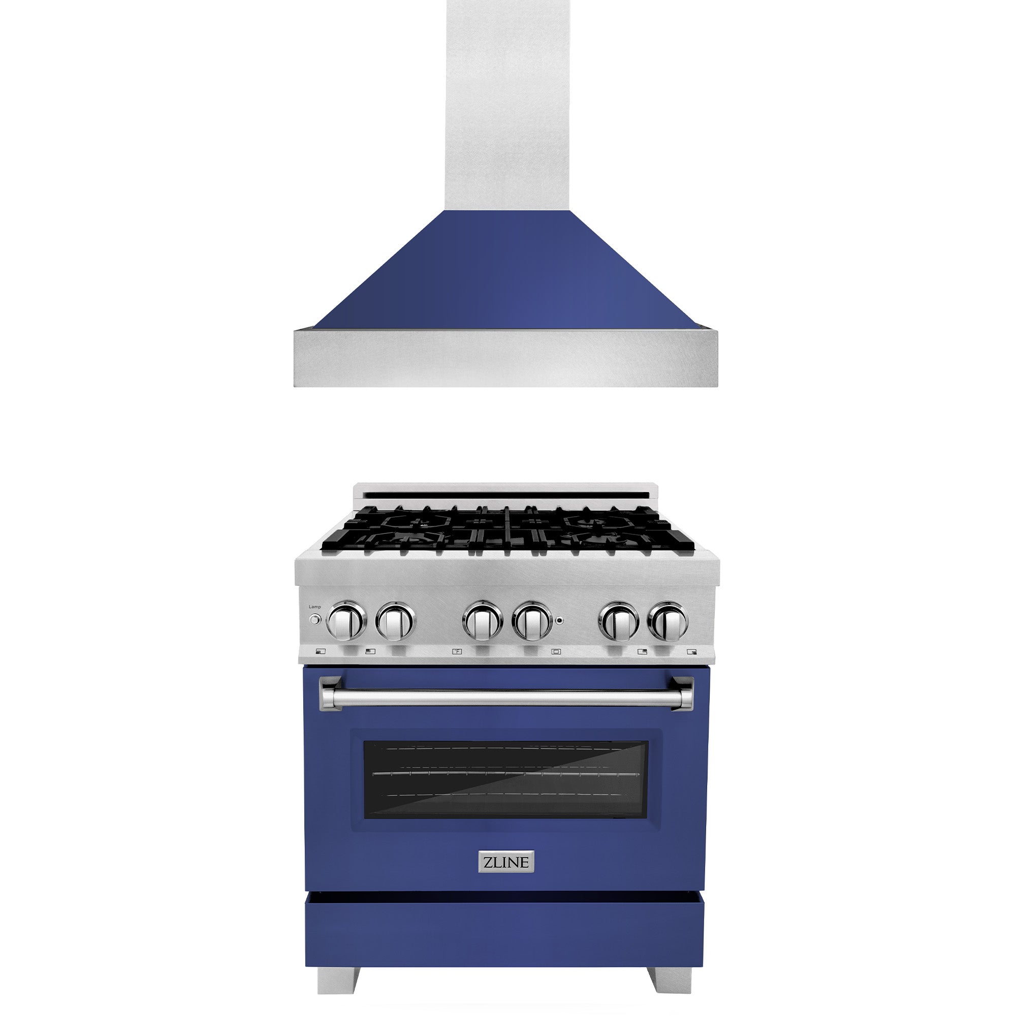 ZLINE 30 in. Kitchen Package with Satin Stainless Steel Dual Fuel Range with Blue Matte Door and Convertible Vent Range Hood