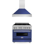ZLINE 36 in. Kitchen Package with Satin Stainless Steel Dual Fuel Range with Blue Matte Door and Convertible Vent Range Hood