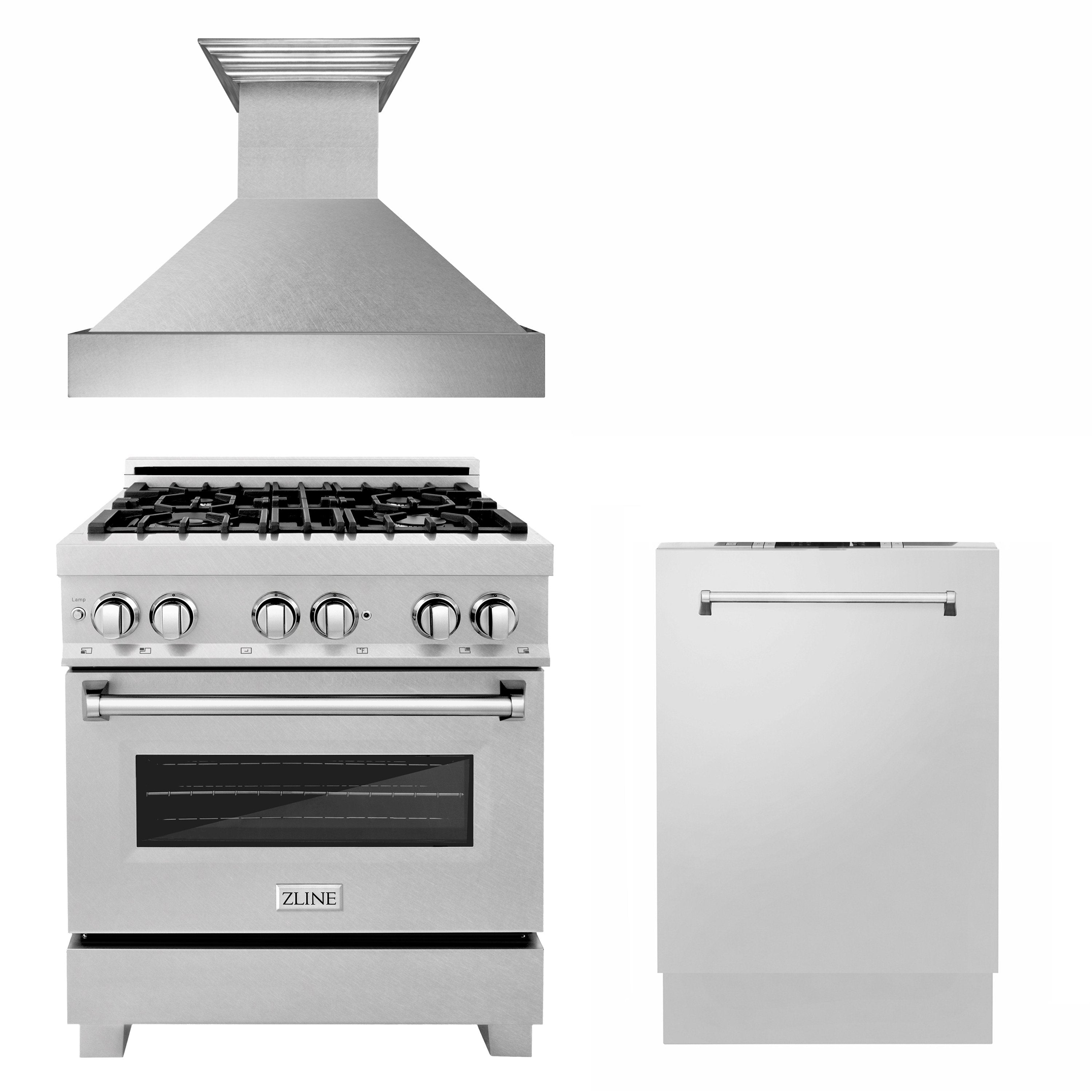 ZLINE 36 in. Kitchen Package with Satin Stainless Dual Fuel Range, Ducted Vent Range Hood and Dishwasher