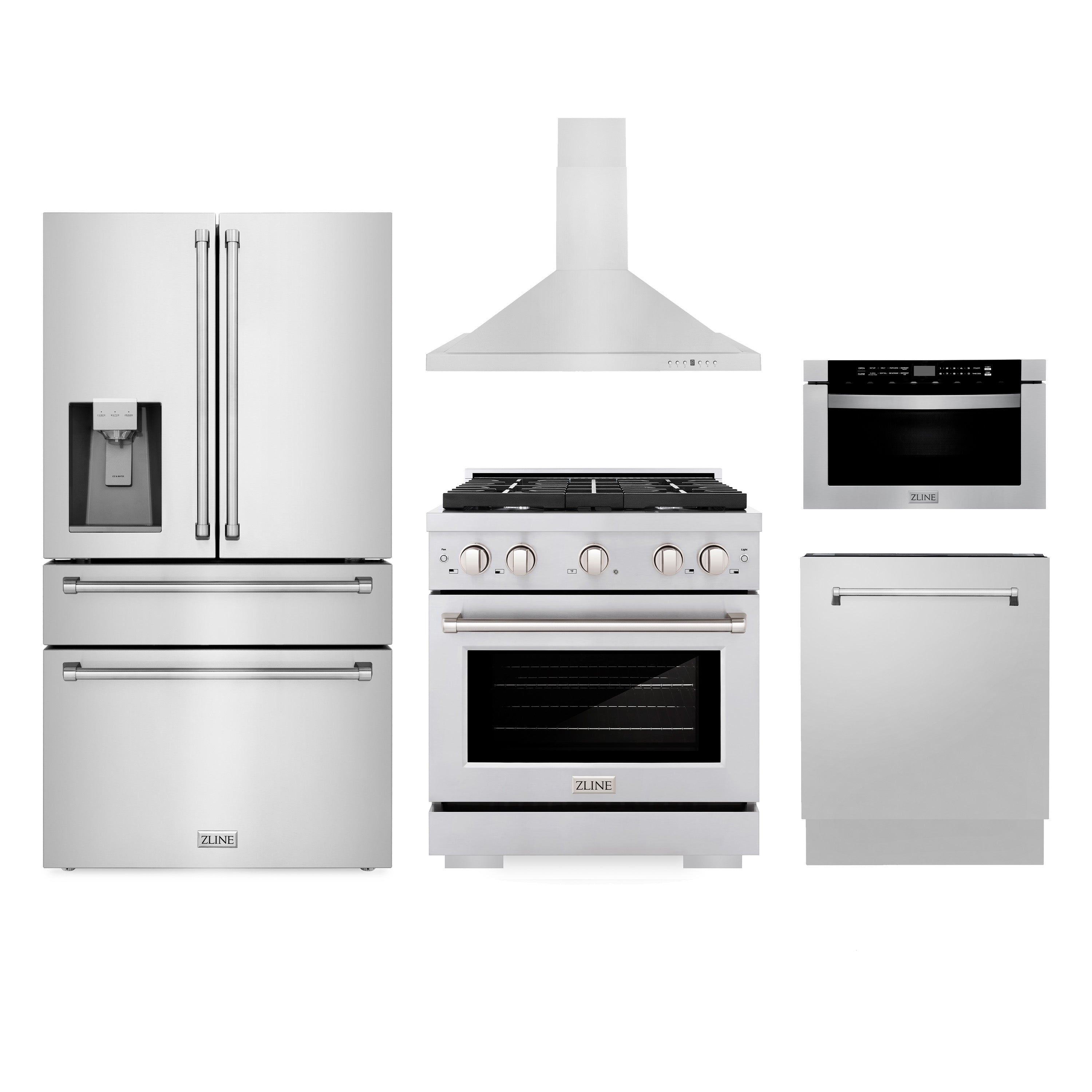 ZLINE Kitchen Package with Water and Ice Dispenser Refrigerator, 30" Gas Range, 30" Range Hood, Microwave Drawer, and 24" Tall Tub Dishwasher (5KPRW-SGRRH30-MWDWV)