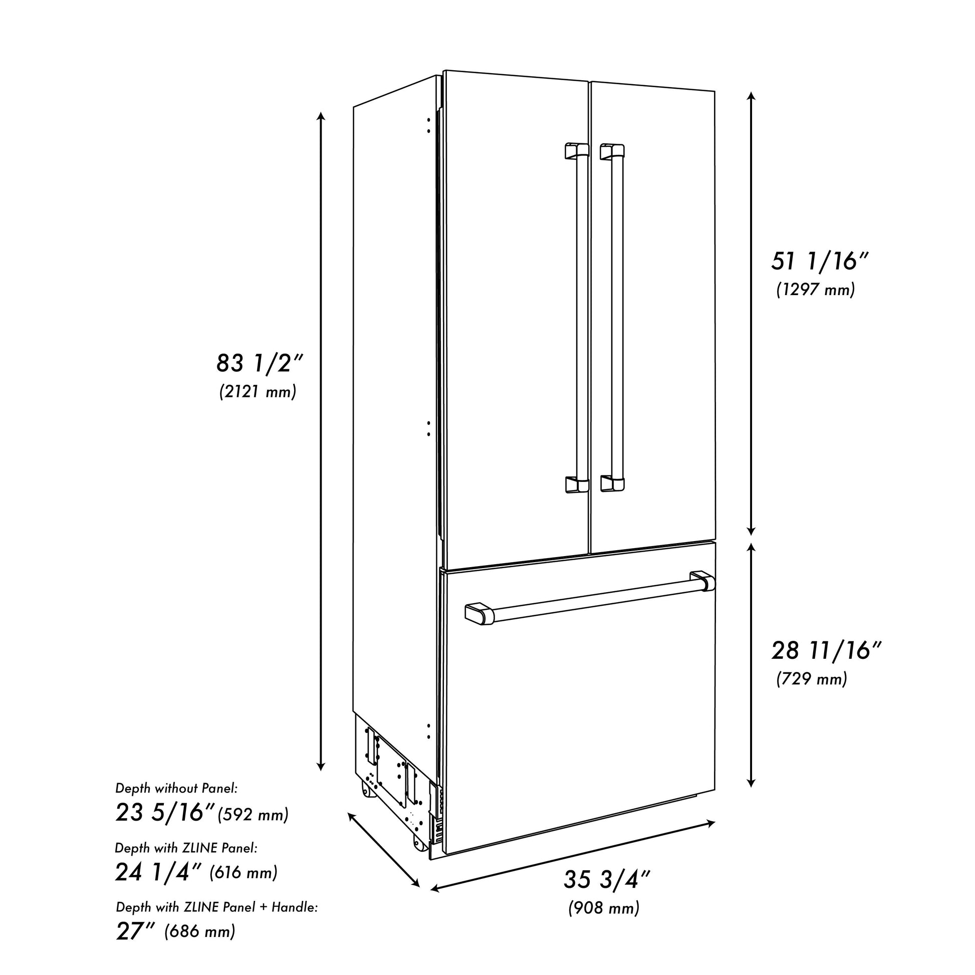ZLINE Autograph Edition 36 in. 19.6 cu. ft. French Door Built-In Bottom Freezer Refrigerator with Water Dispenser and Ice Maker in DuraSnow® Stainless Steel with Polished Gold Accents (RBIVZ-SN-36-G)
