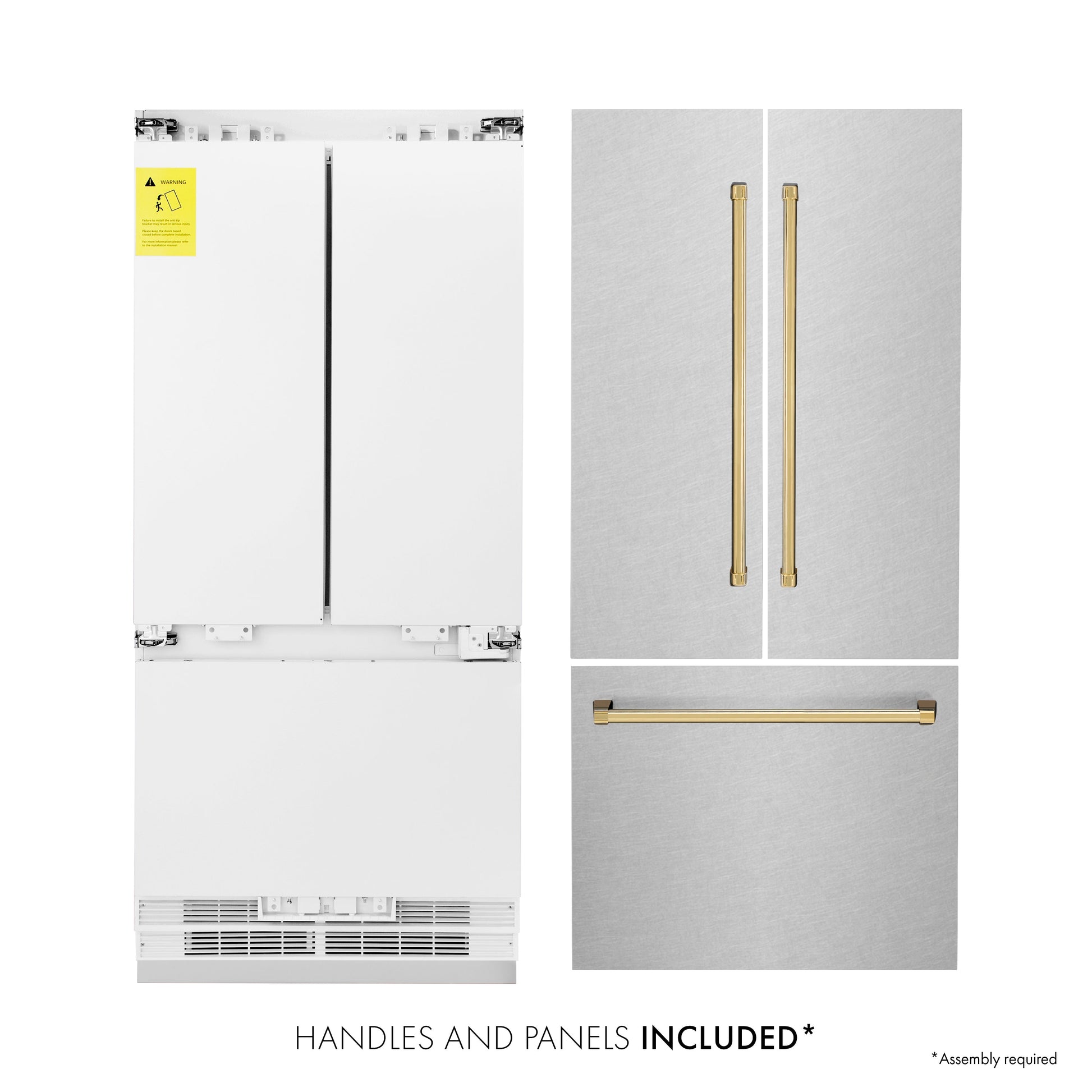ZLINE Autograph Edition 36 in. 19.6 cu. ft. French Door Built-In Bottom Freezer Refrigerator with Water Dispenser and Ice Maker in DuraSnow® Stainless Steel with Polished Gold Accents (RBIVZ-SN-36-G)