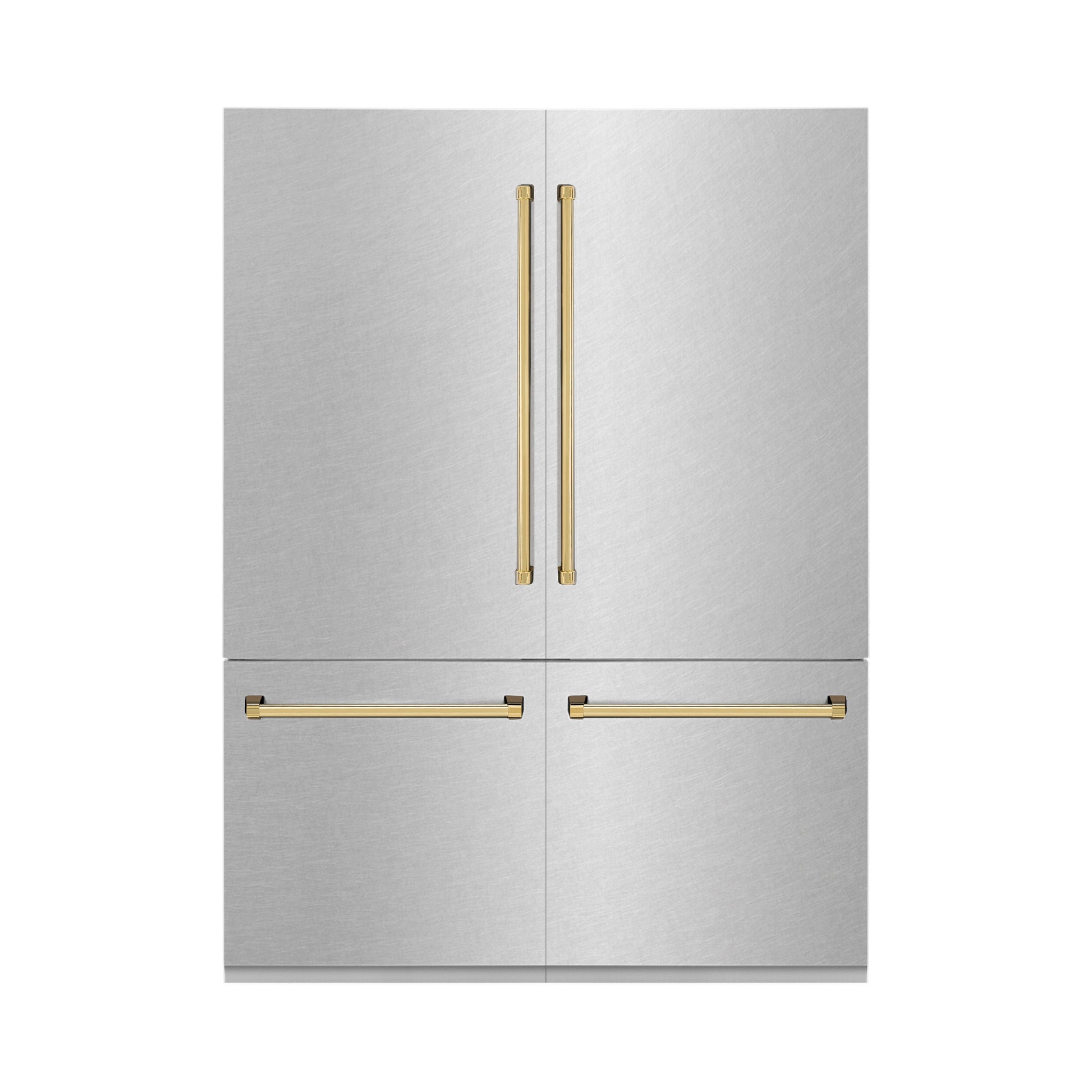 ZLINE Autograph Edition 60 in. 32.2 cu. ft. French Door Built-In Bottom Freezer Refrigerator with Water Dispenser and Ice Maker in DuraSnow® Stainless Steel with Polished Gold Accents (RBIVZ-SN-60-G)