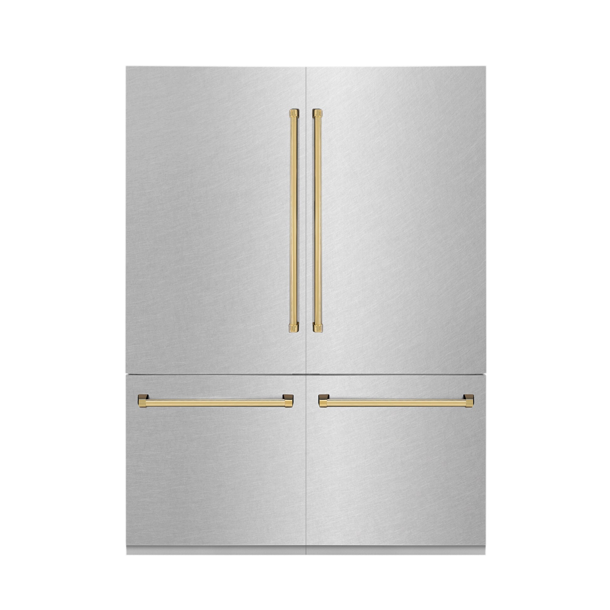 ZLINE Autograph Edition 60 in. 32.2 cu. ft. French Door Built-In Bottom Freezer Refrigerator with Water Dispenser and Ice Maker in DuraSnow® Stainless Steel with Polished Gold Accents (RBIVZ-SN-60-G)