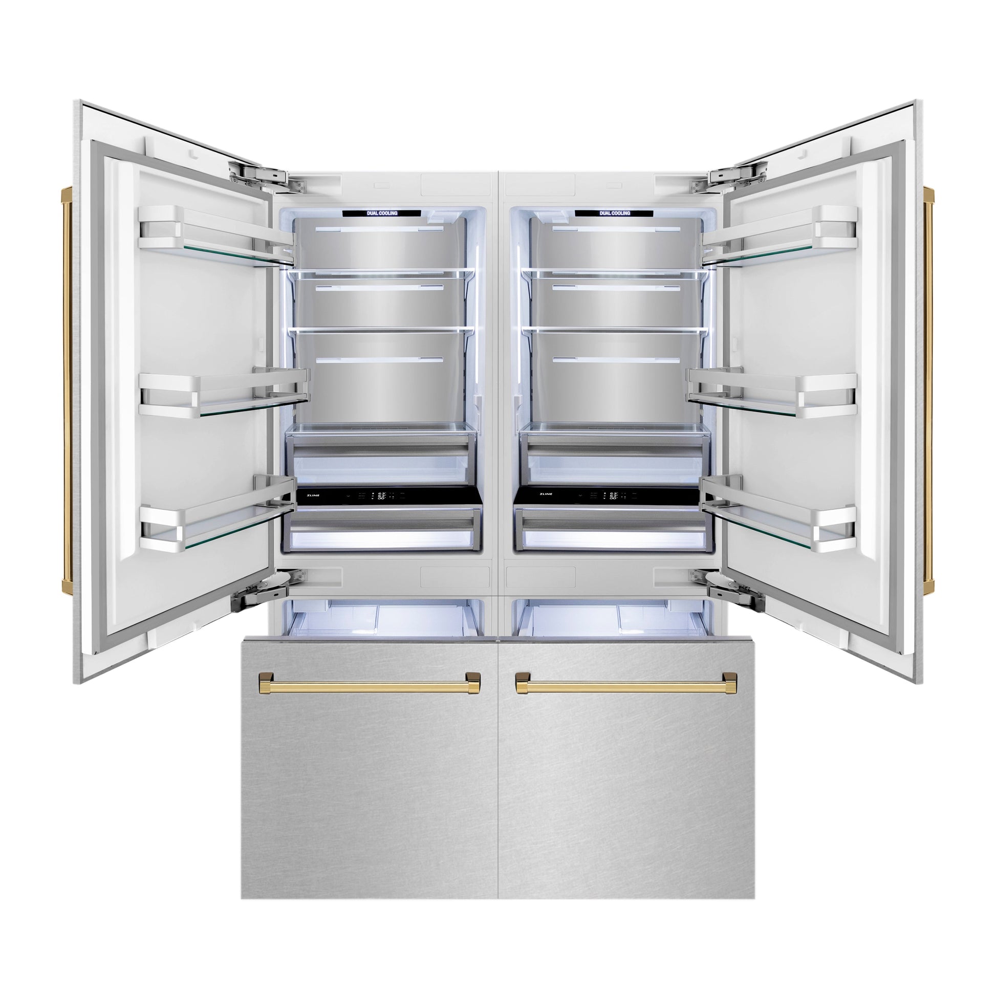 ZLINE Autograph Edition 60 in. 32.2 cu. ft. French Door Built-In Bottom Freezer Refrigerator with Water Dispenser and Ice Maker in DuraSnow® Stainless Steel with Polished Gold Accents (RBIVZ-SN-60-G)