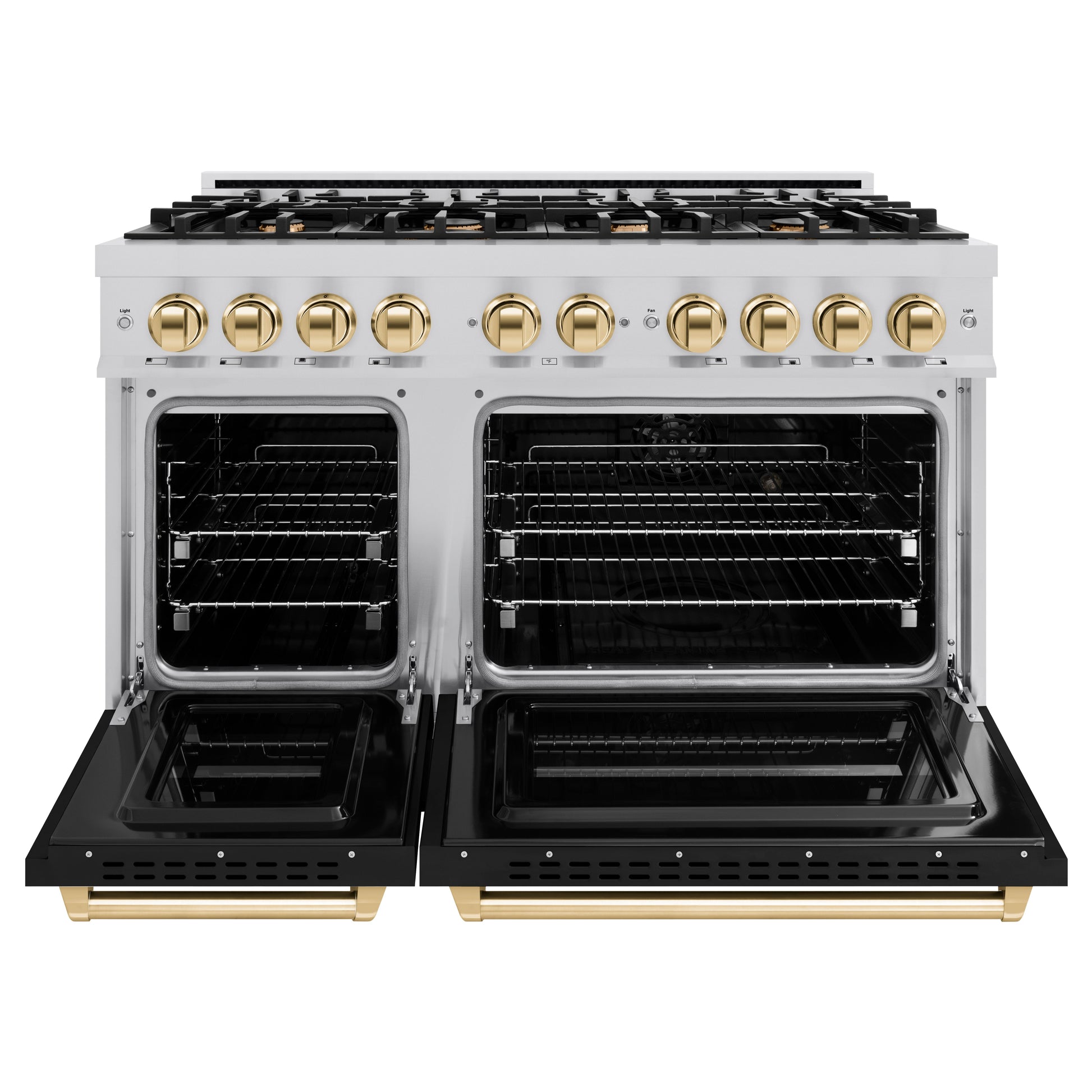 ZLINE Autograph Edition 48 in. 6.7 cu. ft. Classic Double Oven Dual Fuel Range with 8 Burner Gas Cooktop in Stainless Steel with Black Matte Doors and Polished Gold Accents (CDRZ-BLM-48-G)