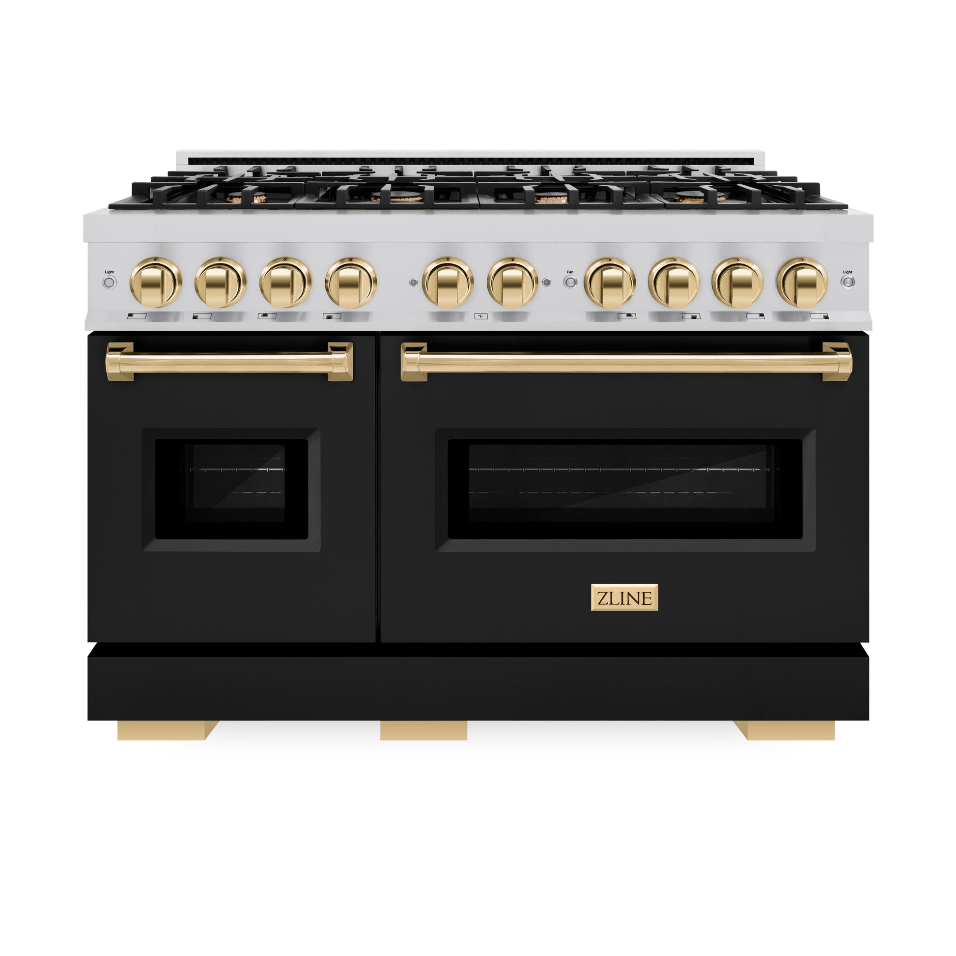 ZLINE Autograph Edition 48 in. 6.7 cu. ft. Classic Double Oven Dual Fuel Range with 8 Burner Gas Cooktop in Stainless Steel with Black Matte Doors and Polished Gold Accents (CDRZ-BLM-48-G)