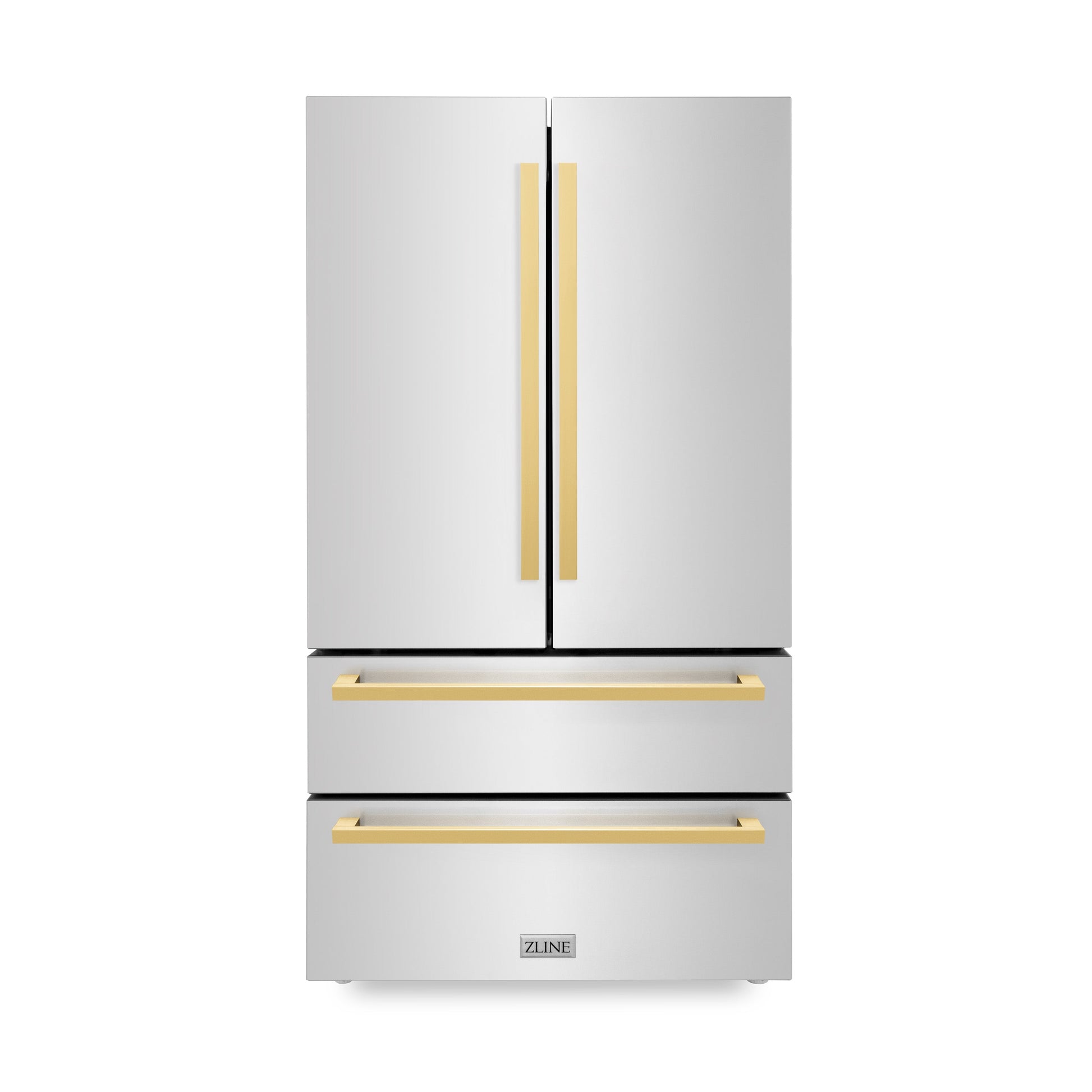 ZLINE Autograph Edition 36 in. 22.5 cu. ft. Counter-Depth French Door Refrigerator with Ice Maker in Fingerprint-Resistant Stainless Steel with Polished Gold Modern Handles (RFMZ-36-FG)