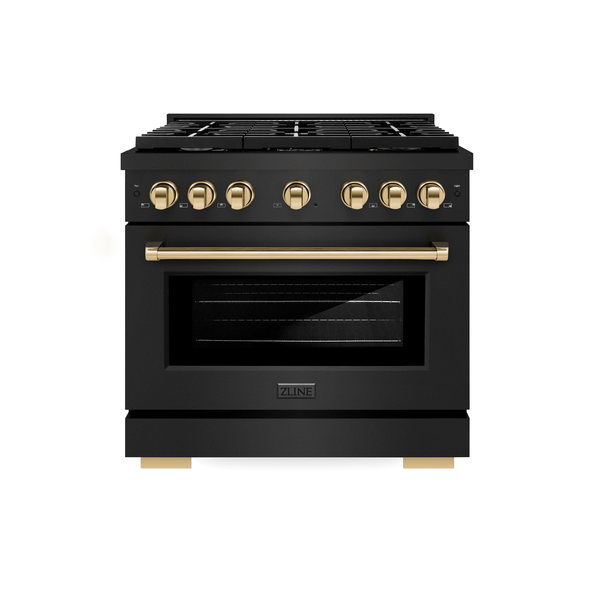 ZLINE Autograph Edition 36 in. 5.2 cu. ft. Paramount Dual Fuel Range with 6 Burner Gas Cooktop and Electric Convection Oven in Black Stainless Steel with Polished Gold Accents (SDRBZ-36-G)