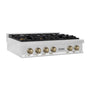ZLINE Autograph Edition 36 in. Legacy Gas Rangetop with 6 Burners and Porcelain Cooktop in DuraSnow® Stainless Steel with Champagne Bronze Accents (RTSZ-36-CB)
