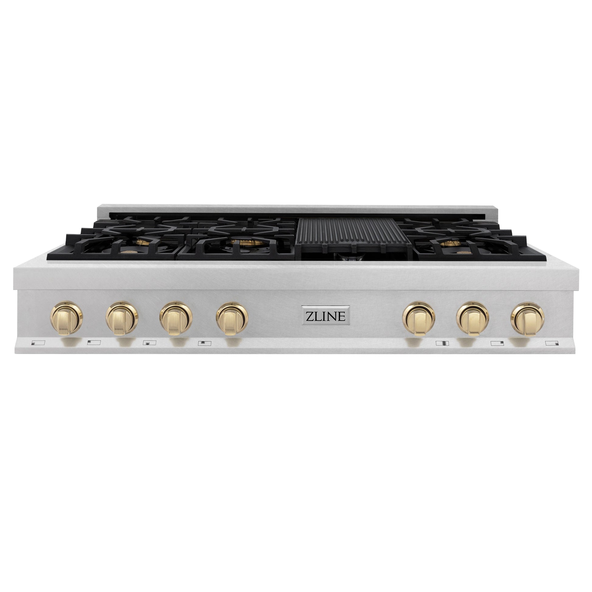 ZLINE Autograph Edition 48" Porcelain Rangetop with 7 Gas Burners in Fingerprint Resistant Stainless Steel and Polished Gold Accents (RTSZ-48-G)