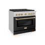 ZLINE Autograph Edition 36 in. 5.2 cu. ft. Paramount Gas Range with 6 Burner Cooktop and Convection Gas Oven in Satin Stainless Steel with Black Matte Door and Polished Gold Accents (SGRSZ-BLM-36-G)