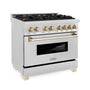ZLINE Autograph Edition 36 in. 4.6 cu. ft. Legacy Dual Fuel Range with 6 Burner Gas Cooktop and Electric Convection Oven in Satin Stainless Steel and Polished Gold Accents (RASZ-SN-36-G)