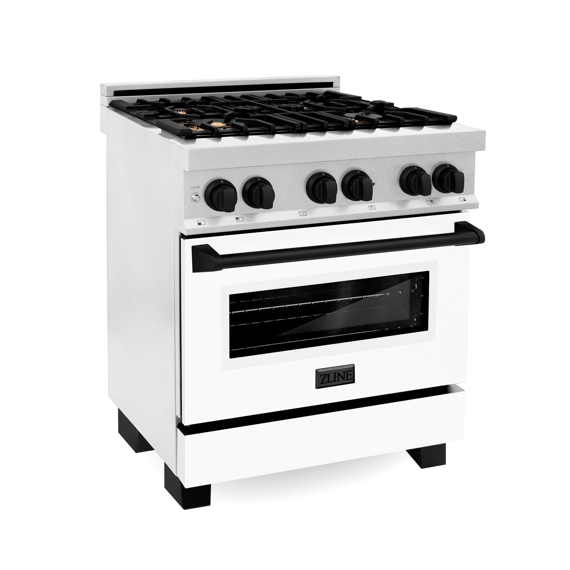 ZLINE Autograph Edition 30 in. 4.0 cu. ft. Legacy Dual Fuel Range with 4 Burner Gas Cooktop and Electric Convection Oven in Satin Stainless Steel with White Matte Door and Matte Black Accents (RASZ-WM-30-MB)