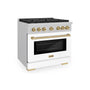 ZLINE Autograph Edition 36 in. 5.2 cu. ft. Paramount Dual Fuel Range with 6 Burner Gas Cooktop and Electric Convection Oven in Satin Stainless Steel with White Matte Door and Champagne Bronze Accents (SDRSZ-WM-36-CB)