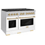 ZLINE Autograph Edition 48 in. 6.7 cu. ft. Paramount Double Oven Dual Fuel Range with 8 Burner Gas Cooktop in Satin Stainless Steel with White Matte Doors and Polished Gold Accents (SDRSZ-WM-48-G)