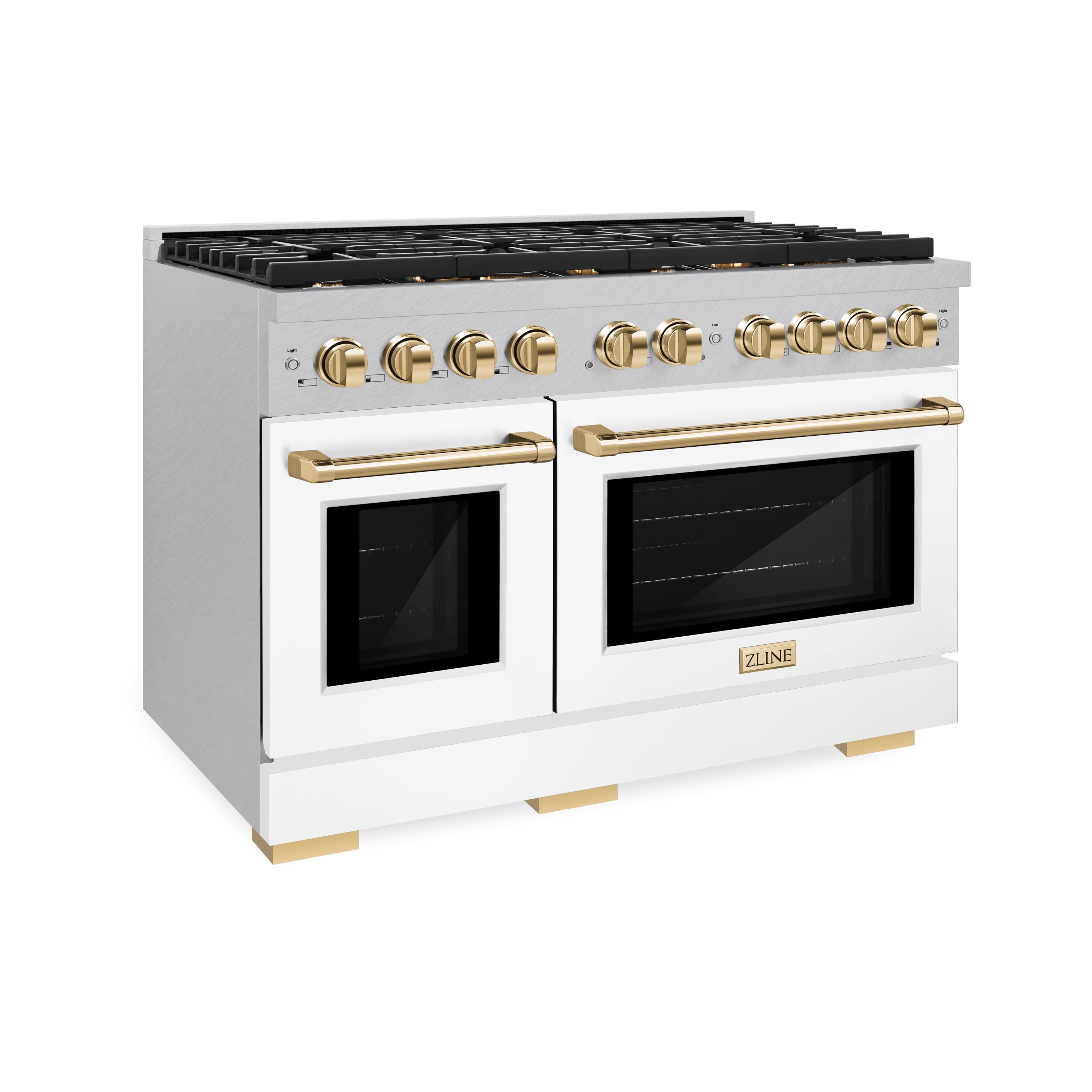 ZLINE Autograph Edition 48 in. 6.7 cu. ft. Paramount Double Oven Gas Range with 8 Burner Cooktop in Satin Stainless Steel with White Matte Doors and Polished Gold Accents (SGRSZ-WM-48-G)