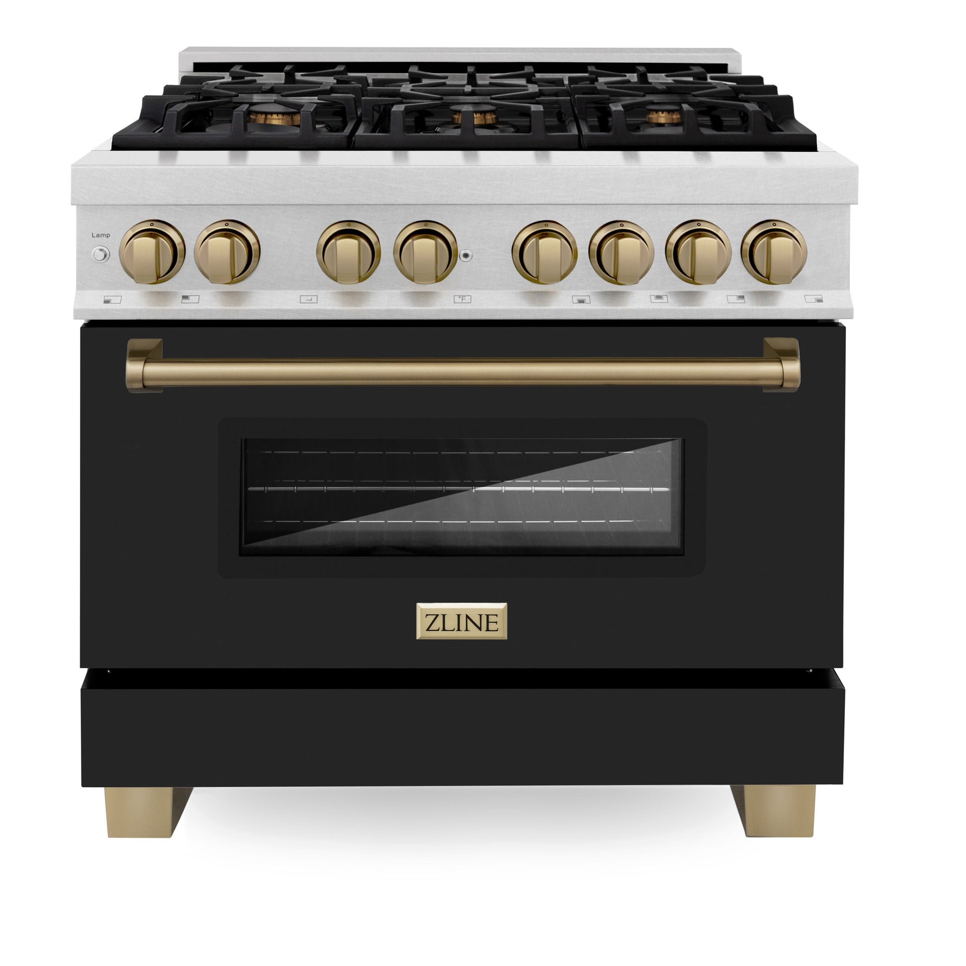 ZLINE Autograph Edition 36 in. 4.6 cu. ft. Legacy Dual Fuel Range with 6 Burner Gas Cooktop and Electric Convection Oven in Satin Stainless Steel with Black Matte Door and Polished Gold Accents (RASZ-BLM-36-G)