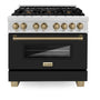 ZLINE Autograph Edition 36 in. 4.6 cu. ft. Legacy Dual Fuel Range with 6 Burner Gas Cooktop and Electric Convection Oven in Satin Stainless Steel with Black Matte Door and Polished Gold Accents (RASZ-BLM-36-G)