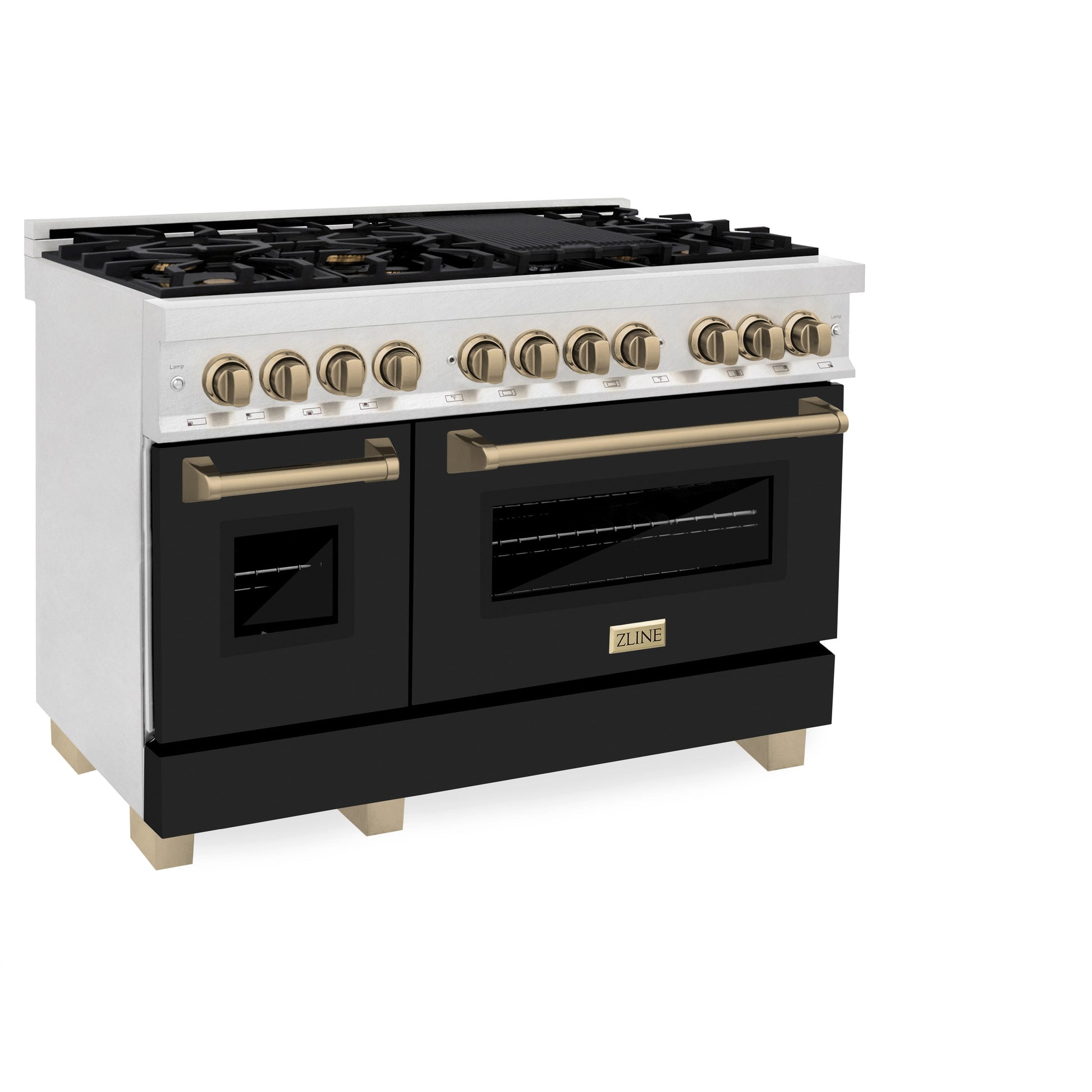ZLINE Autograph Edition 48 in. 6.0 cu. ft. Legacy Dual Fuel Range with 7 Burner Gas Cooktop and 2 Electric Ovens in Satin Stainless Steel with Black Matte Doors and Champagne Bronze Accents (RASZ-BLM-48-CB)