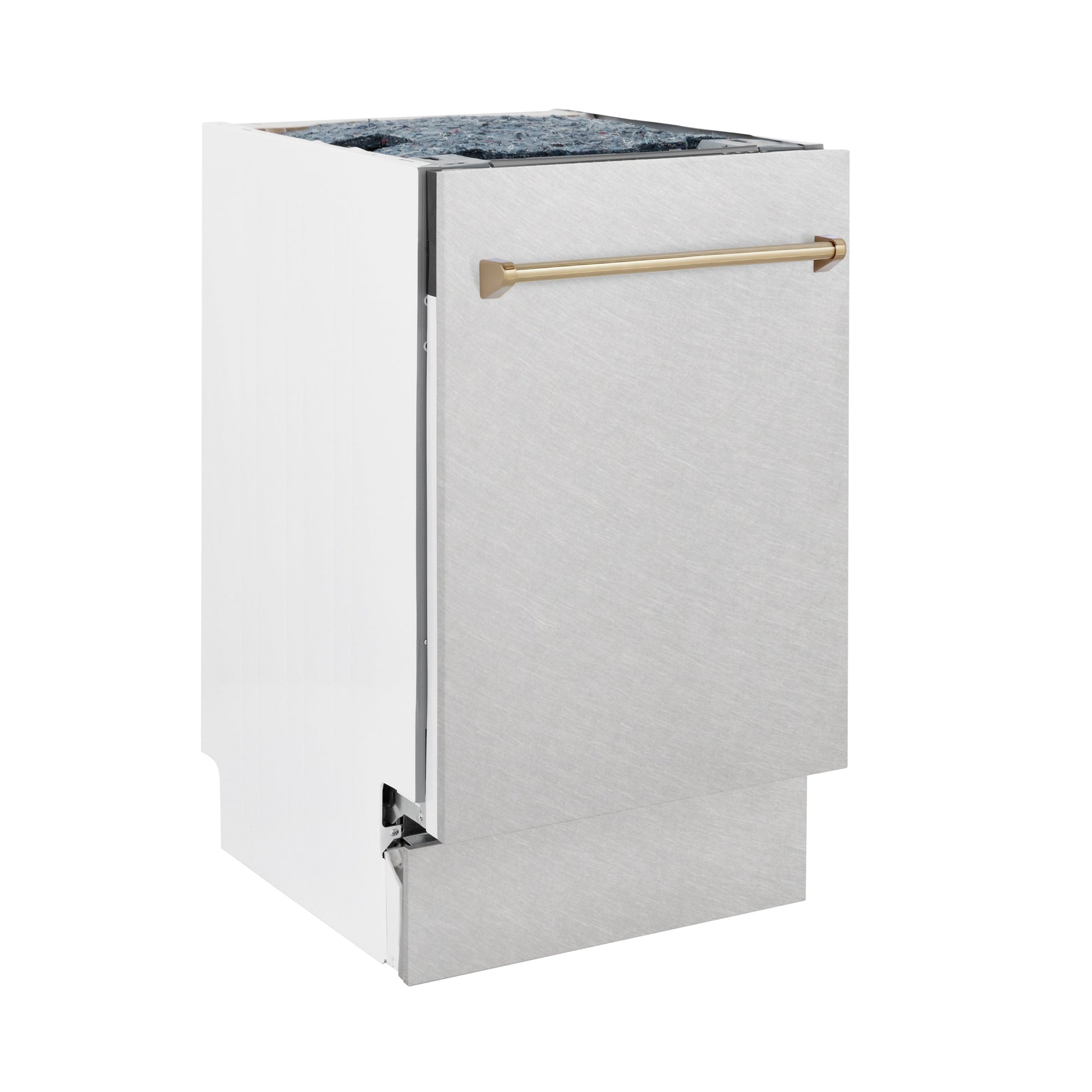 ZLINE Autograph Edition 18” Tallac Series 3rd Rack Top Control Built-In Dishwasher in Fingerprint Resistant Stainless Steel with Champagne Bronze Handle, 51dBa (DWVZ-SN-18-CB)