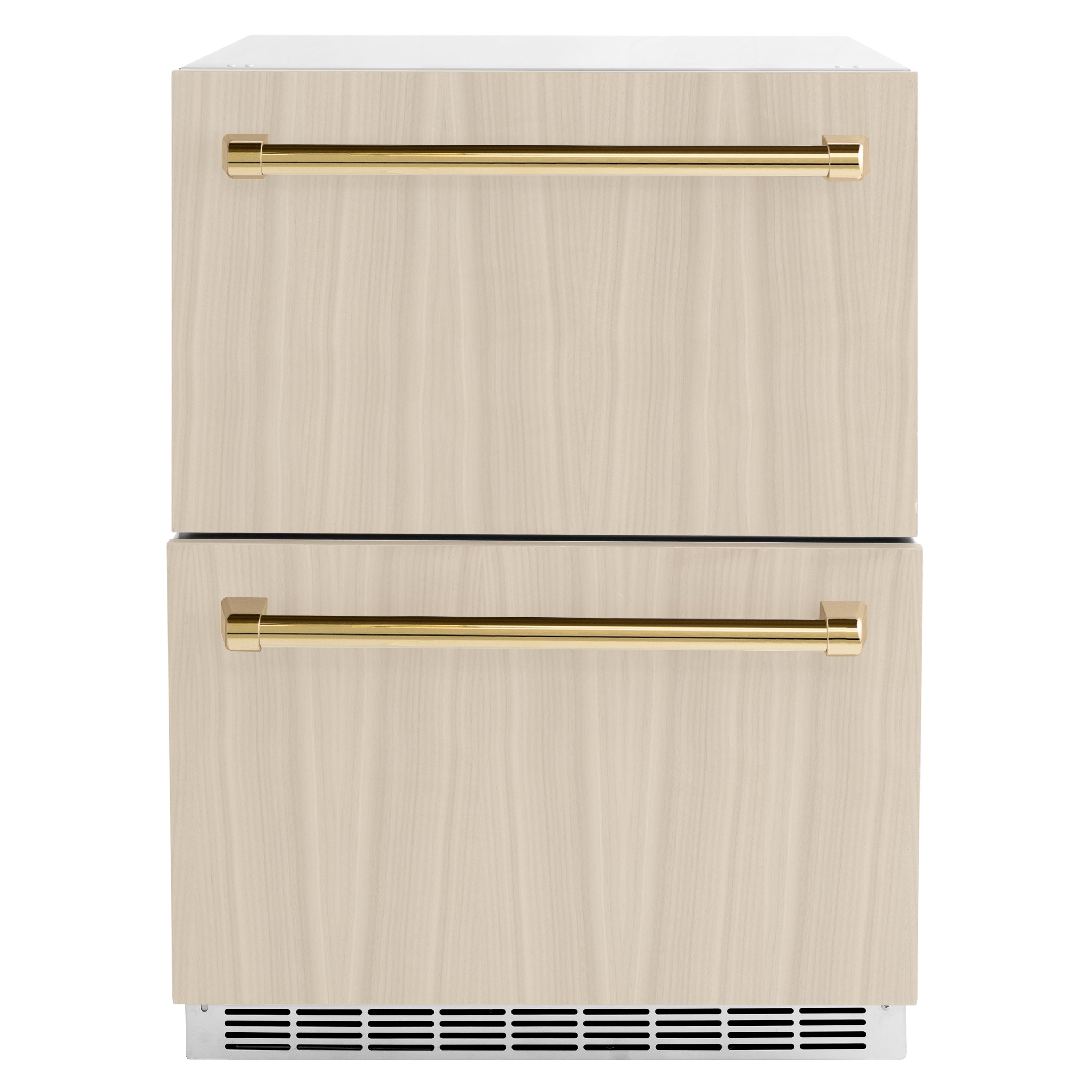 ZLINE Autograph Edition 24 in. Touchstone 168 Can Outdoor-Rated Dual Refrigerator Drawer with Panel-Ready Doors and Polished Gold Handles (RDSPOZ-24-G)
