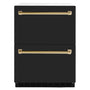 ZLINE Autograph Edition 24 in. Touchstone 168 Can Outdoor-Rated Dual Refrigerator Drawer with Black Matte Doors and Polished Gold Handles (RDSOZ-BLM-24-G)
