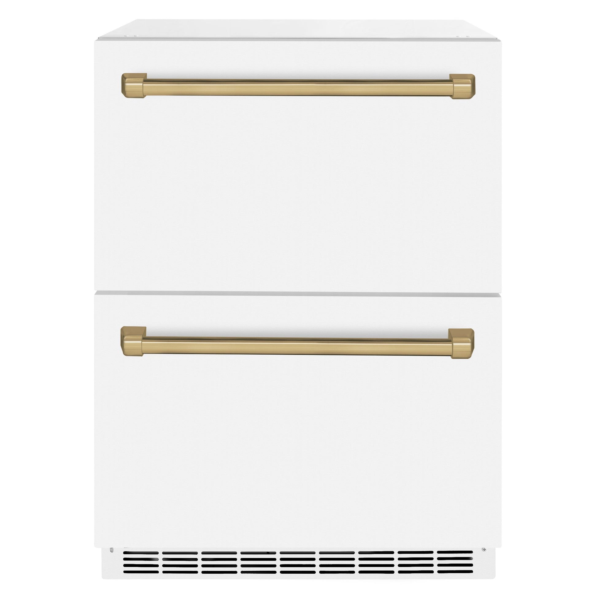 ZLINE Autograph Edition 24 in. Touchstone 168 Can Outdoor-Rated Dual Refrigerator Drawer with White Matte Doors and Champagne Bronze Handles (RDSOZ-WM-24-CB)