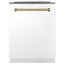 ZLINE Autograph Edition 24" Monument Series 3rd Rack Top Touch Control Tall Tub Dishwasher in White Matte with Champagne Bronze Handle, 45dBa (DWMTZ-WM-24-CB)