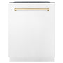 ZLINE Autograph Edition 24" Monument Series 3rd Rack Top Touch Control Tall Tub Dishwasher in White Matte with Polished Gold Handle, 45dBa (DWMTZ-WM-24-G)