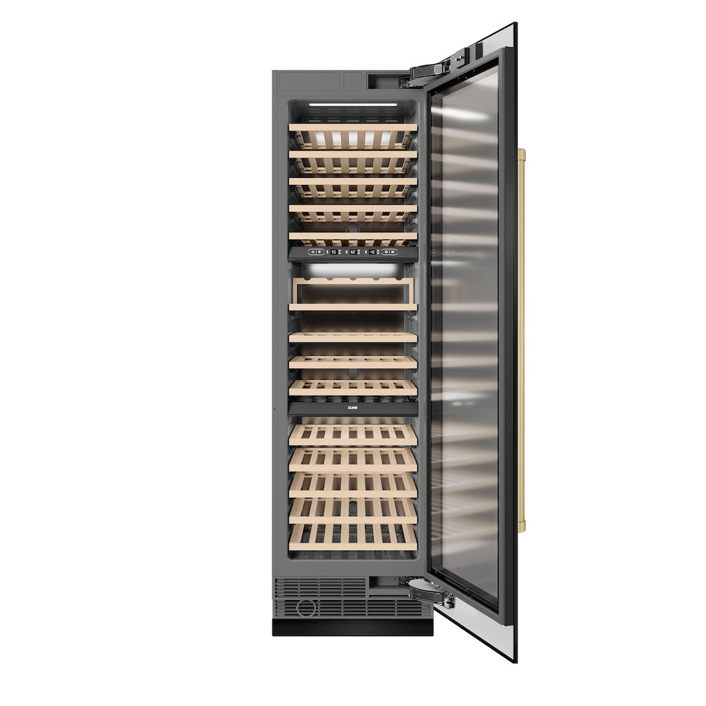 ZLINE Autograph Edition 24 in. 12.4 cu. ft. Triple Zone 100 Bottle Column Wine Cooler in Black Stainless Steel and Champagne Bronze Accents (RCWVZ-BS-24-CB)