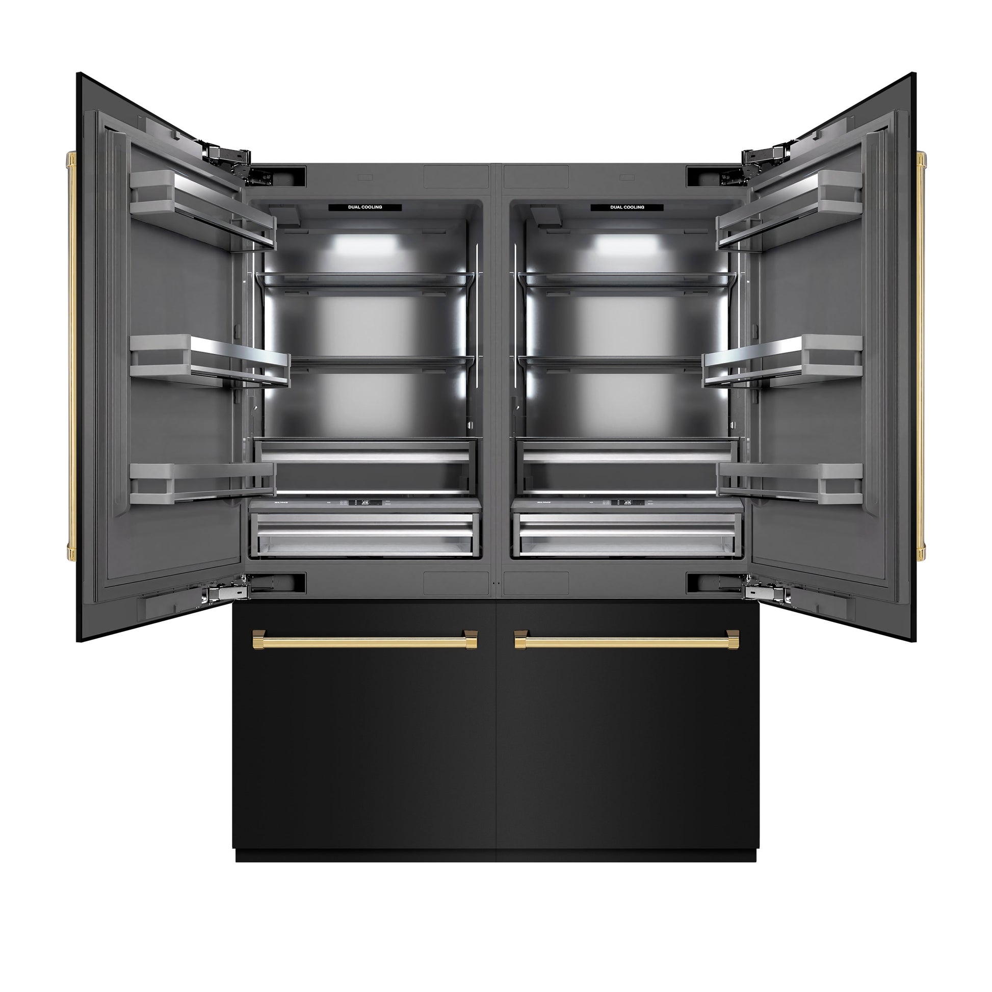 ZLINE Autograph Edition 60 in. 32.2 cu. ft. French Door Built-In Bottom Freezer Refrigerator with Water Dispenser and Ice Maker in Black Stainless Steel with Graphite Gray Interior and Polished Gold Accents (GRBIVZ-BS-60-G)