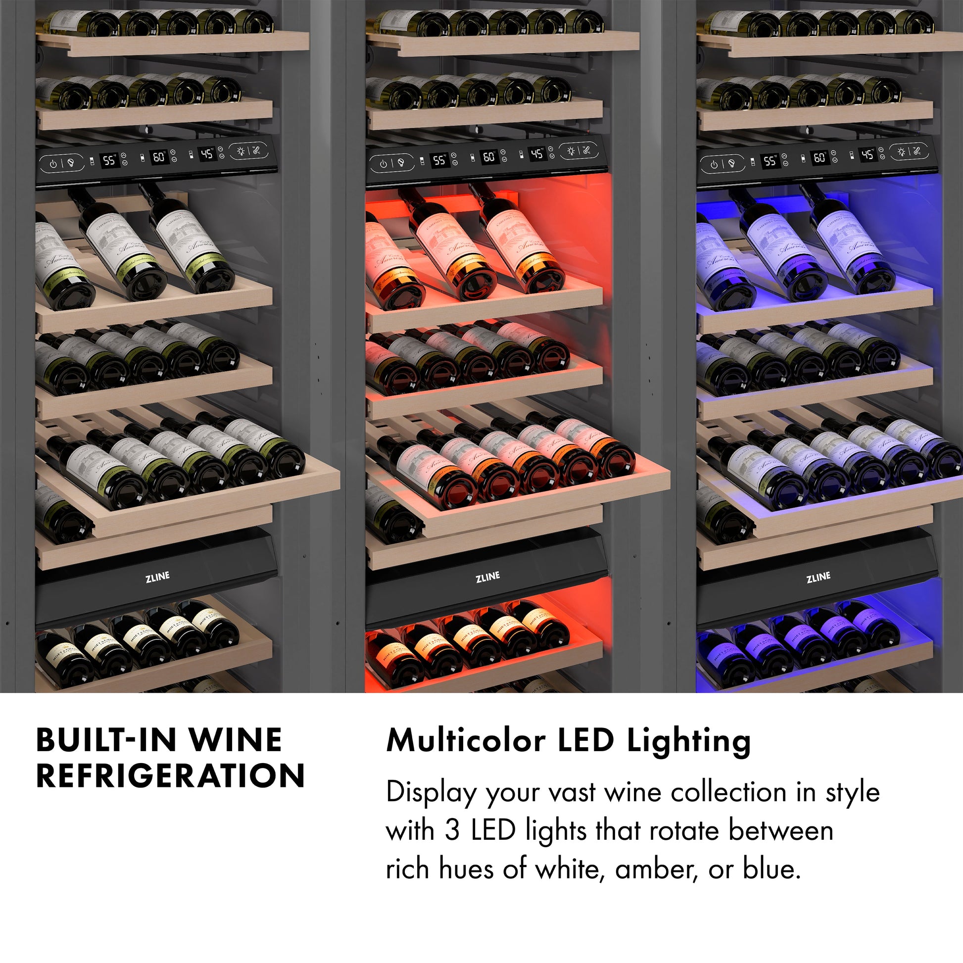 ZLINE Autograph Edition 24 in. 12.4 cu. ft. Triple Zone 100 Bottle Column Wine Cooler in Stainless Steel and Polished Gold Accents (RCWVZ-304-24-G)