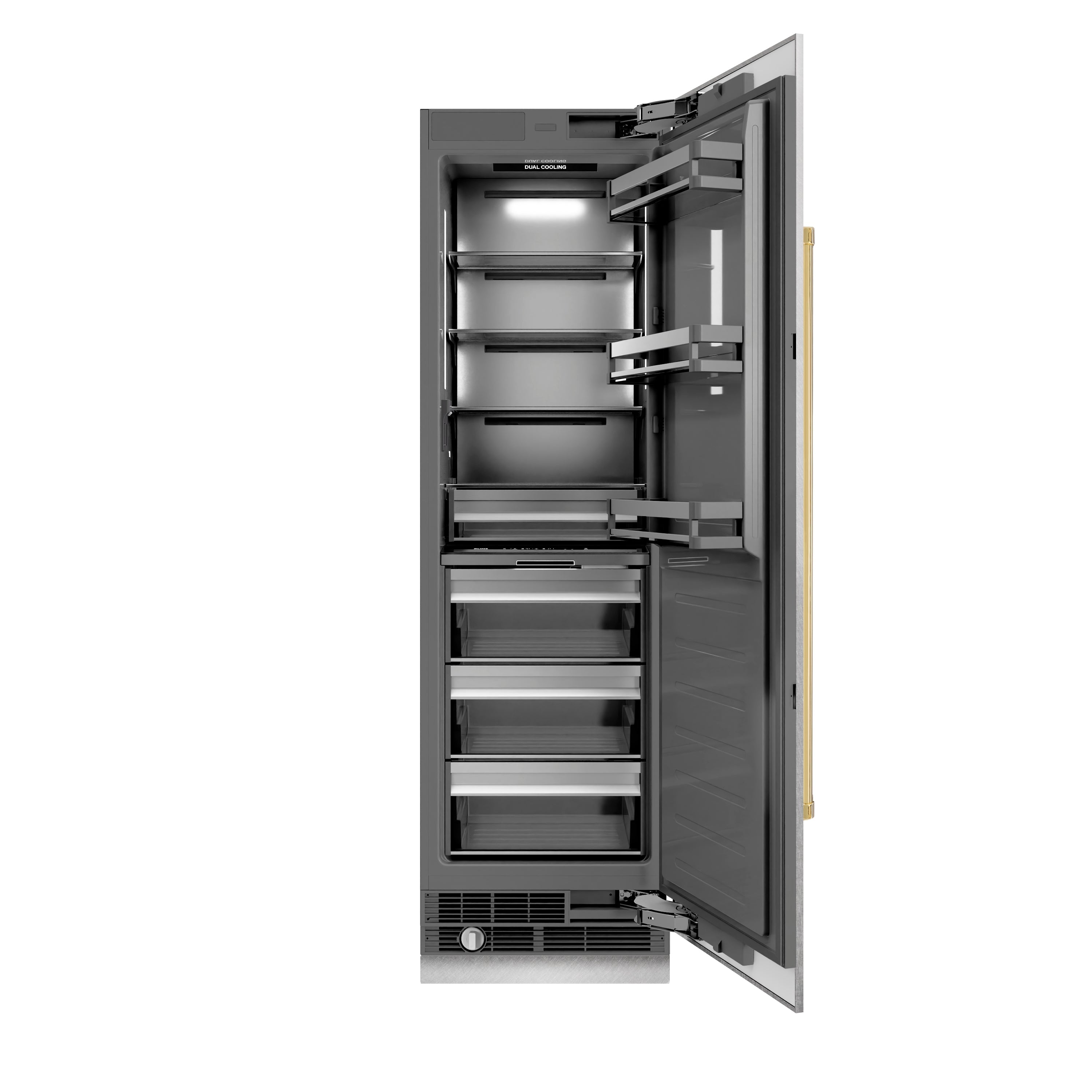 ZLINE Autograph Edition 24 in. 12.5 cu. ft. Column Refrigerator in DuraSnow® Stainless Steel with Graphite Gray Interior and Polished Gold Accents (RCRVZ-SN-24-G)