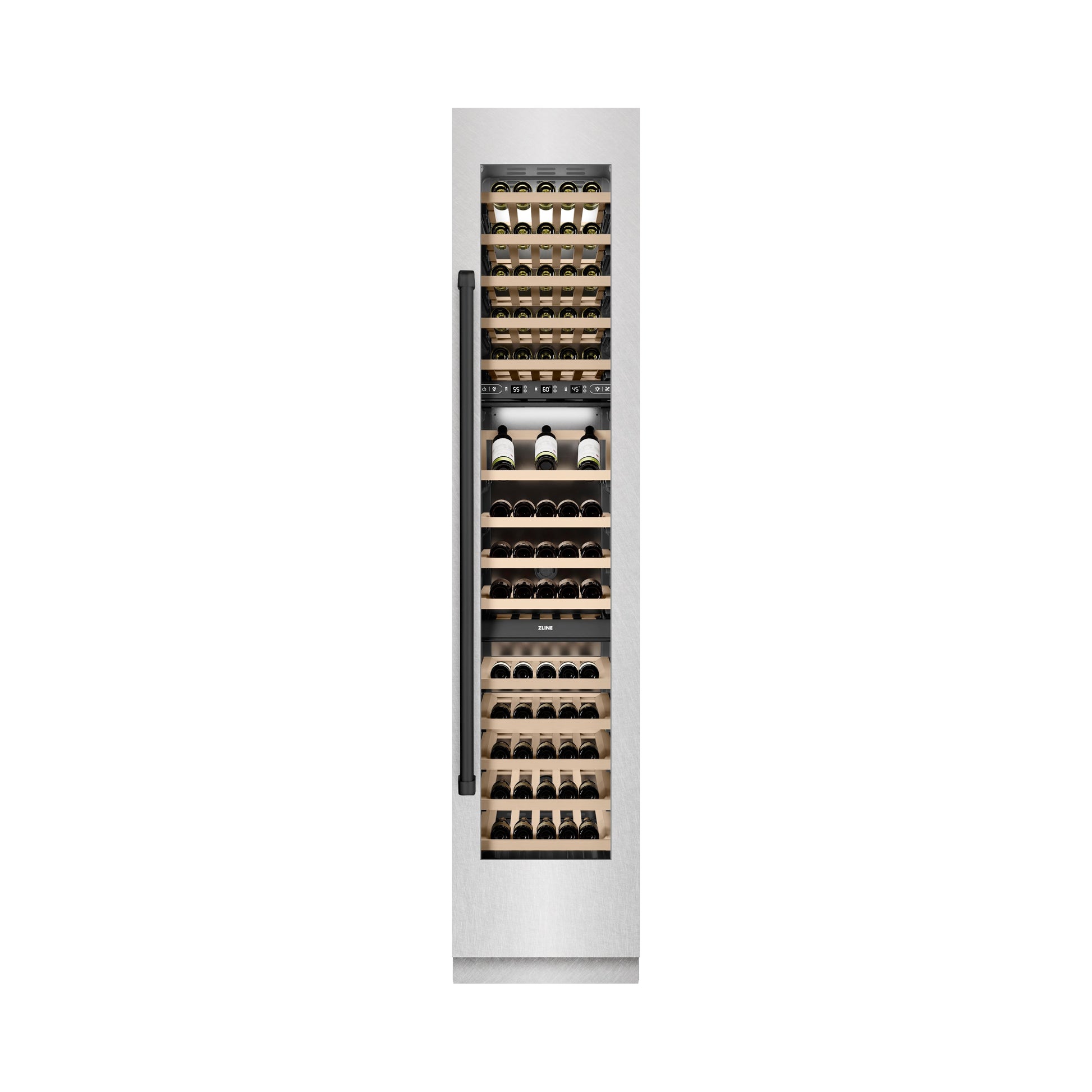 ZLINE Autograph Edition 18 in. 9.0 cu. ft. Triple Zone 68 Bottle Right Hinge Column Wine Cooler in DuraSnow® Stainless Steel with Matte Black Accents (RCWVRZ-SN-18-MB)