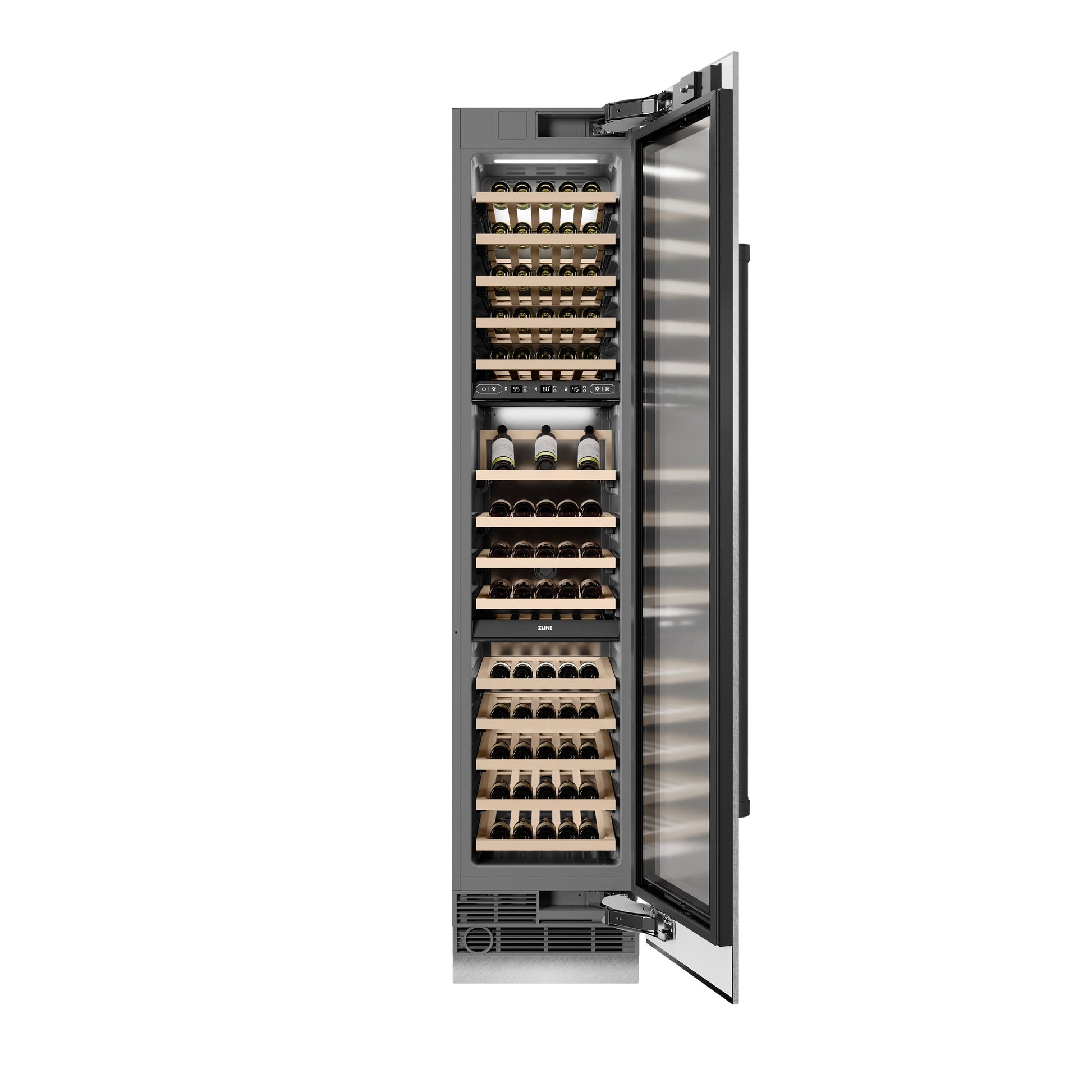 ZLINE Autograph Edition 18 in. 9.0 cu. ft. Triple Zone 68 Bottle Right Hinge Column Wine Cooler in DuraSnow® Stainless Steel with Matte Black Accents (RCWVRZ-SN-18-MB)
